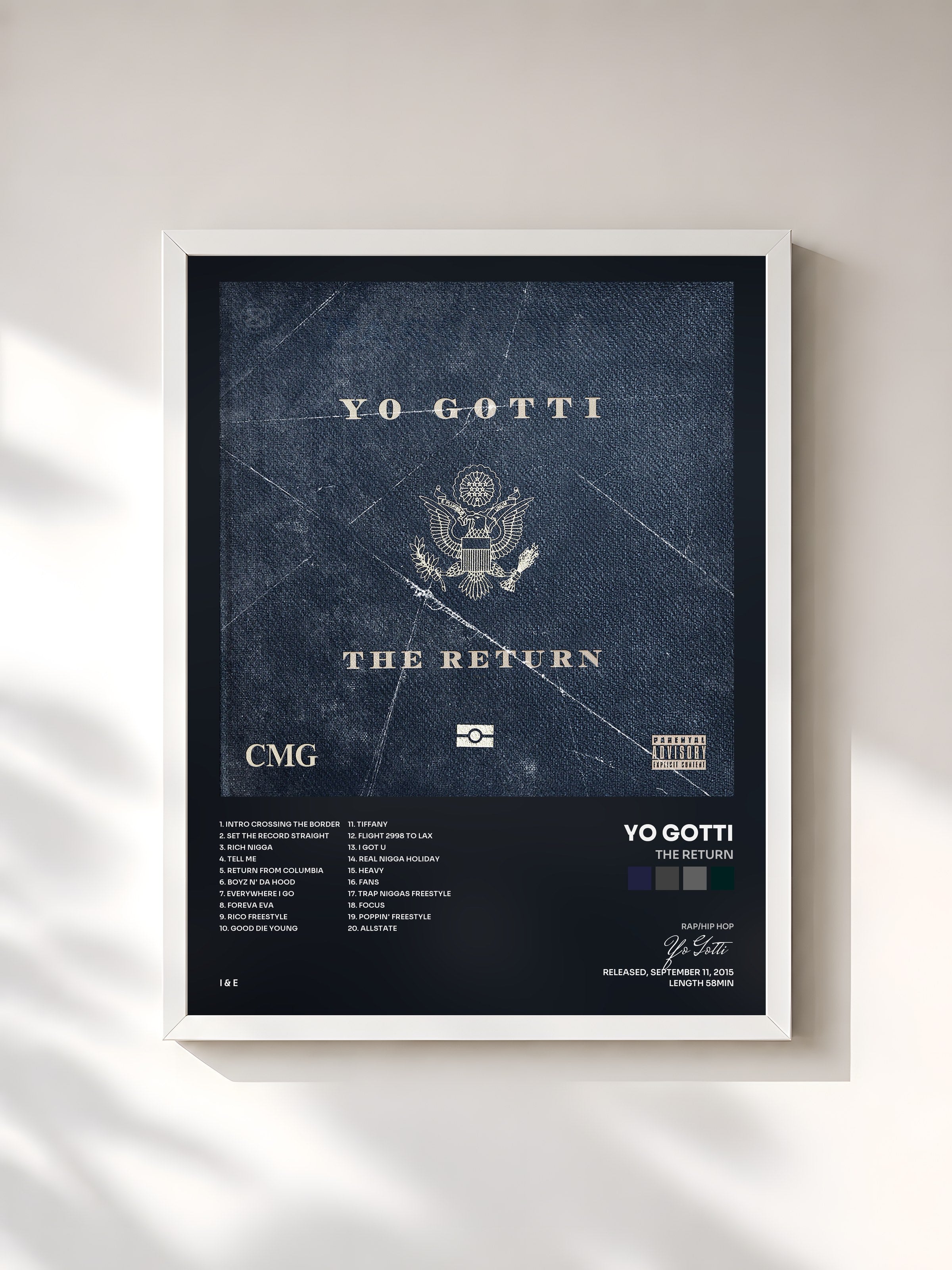 #blanc Tableau de l'album The Return de Yo Gotti, cadre blanc, imprimé et encadré en France