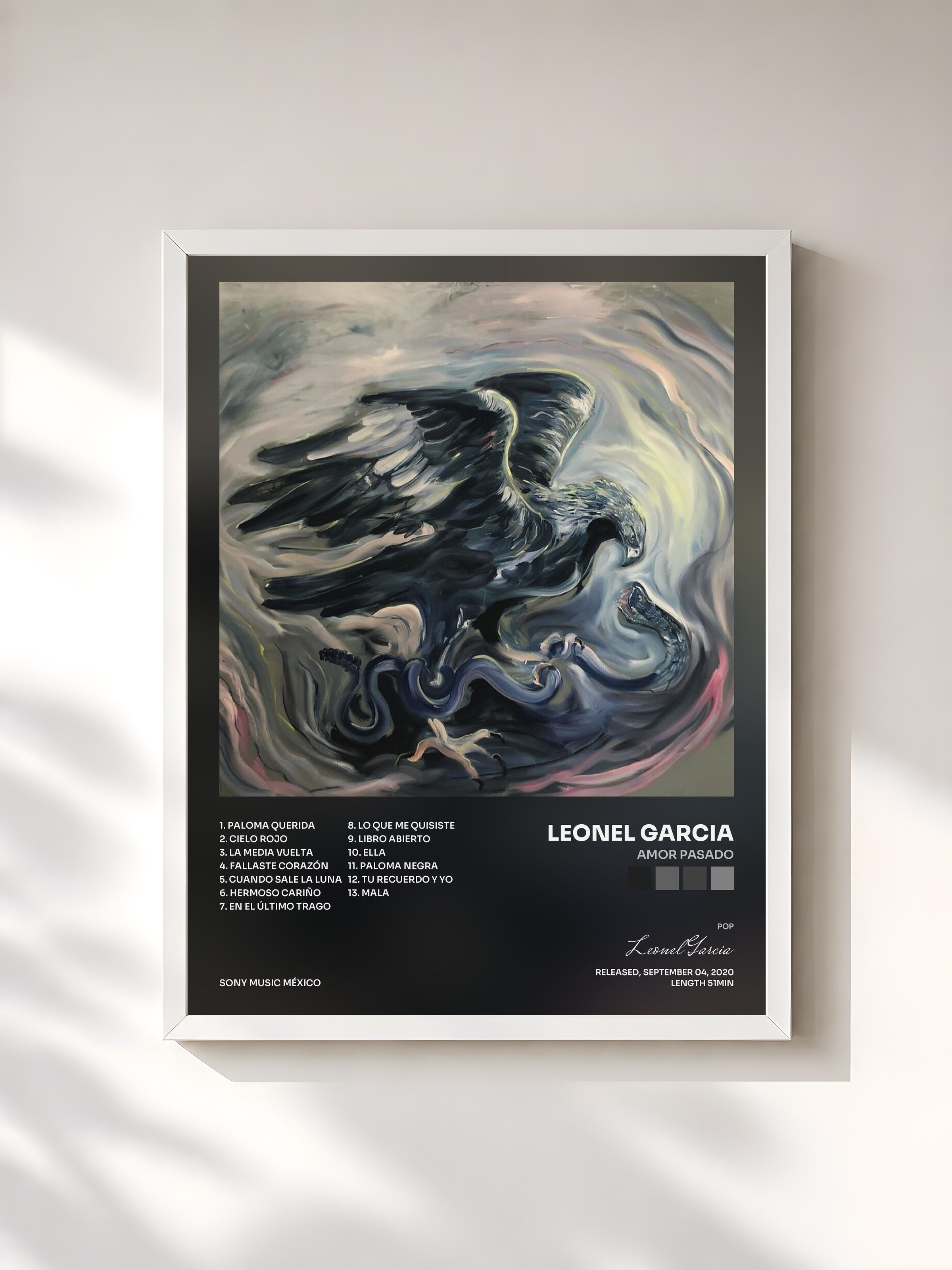 #blanc Tableau de l'album Amor Pasado de Leonel Garcia, cadre blanc, imprimé et encadré en France