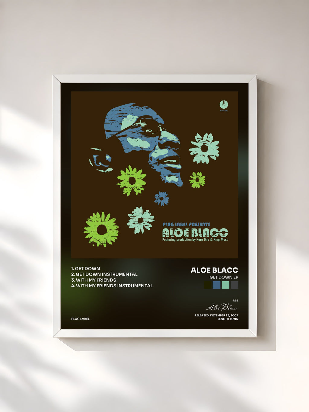 #blanc Tableau de l'album Get Down EP de Aloe Blacc, cadre blanc, imprimé et encadré en France