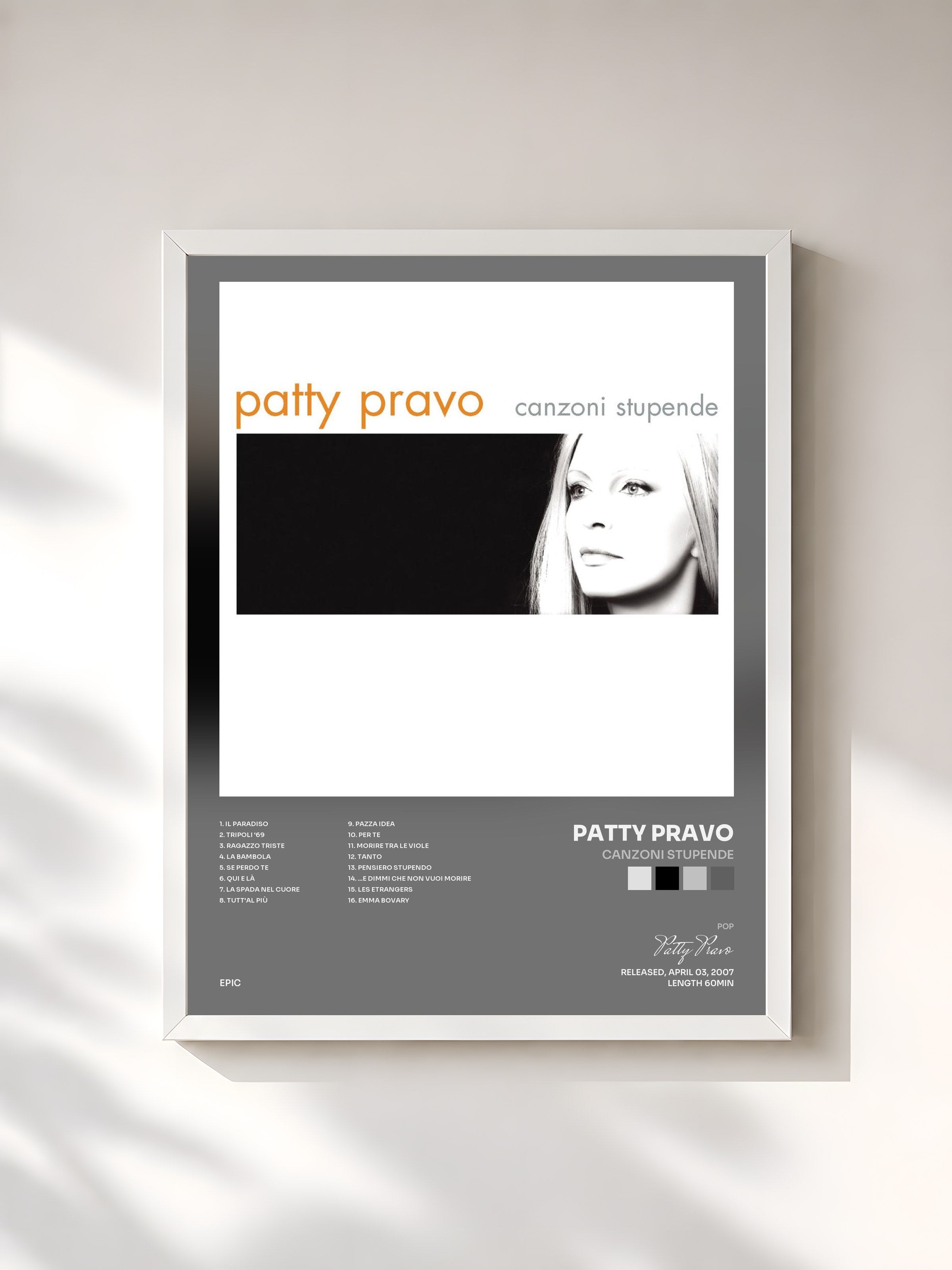 #blanc Tableau de l'album Canzoni Stupende de Patty Pravo, cadre blanc, imprimé et encadré en France