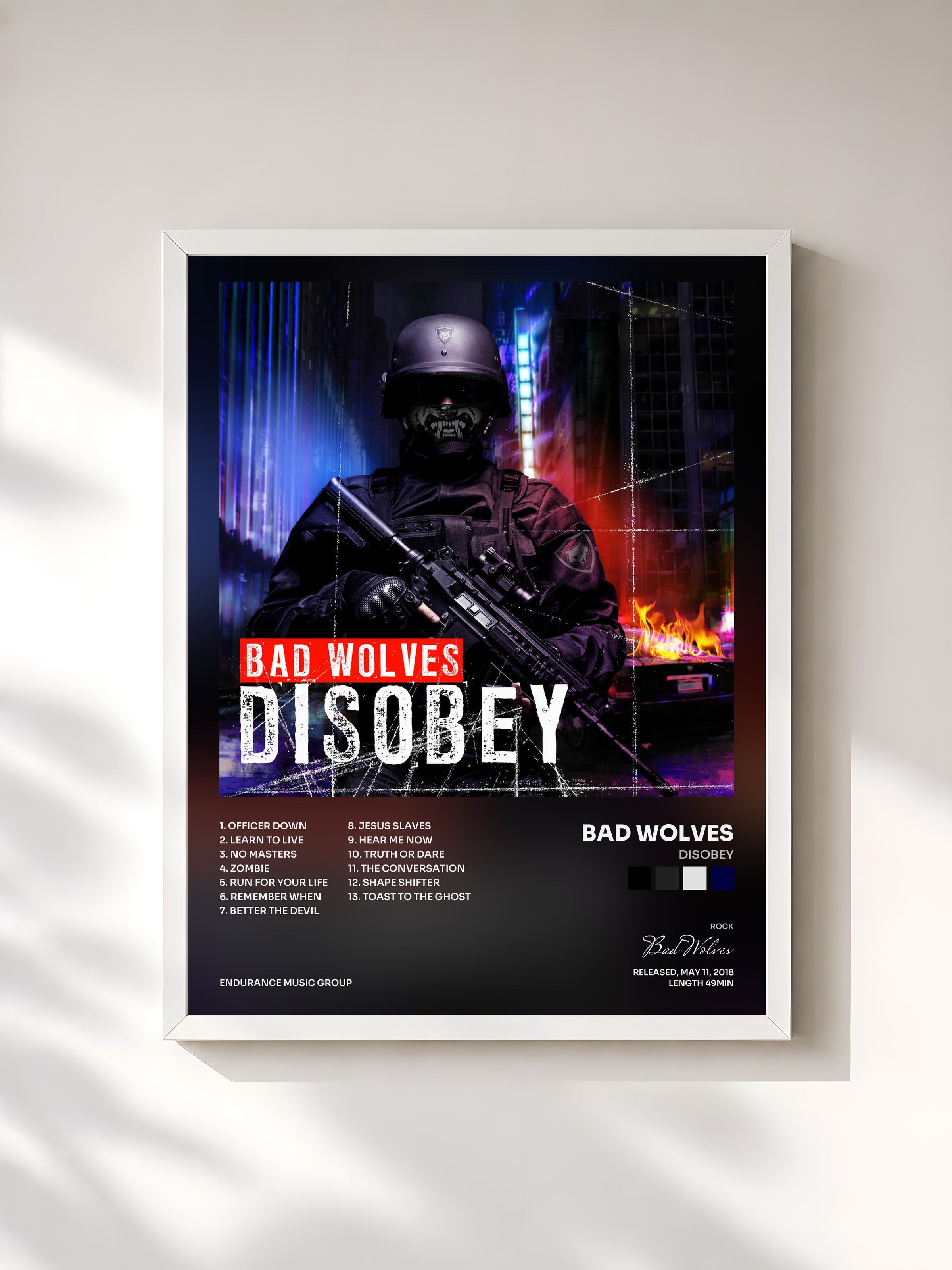 #blanc Tableau de l'album Disobey de Bad Wolves, cadre blanc, imprimé et encadré en France