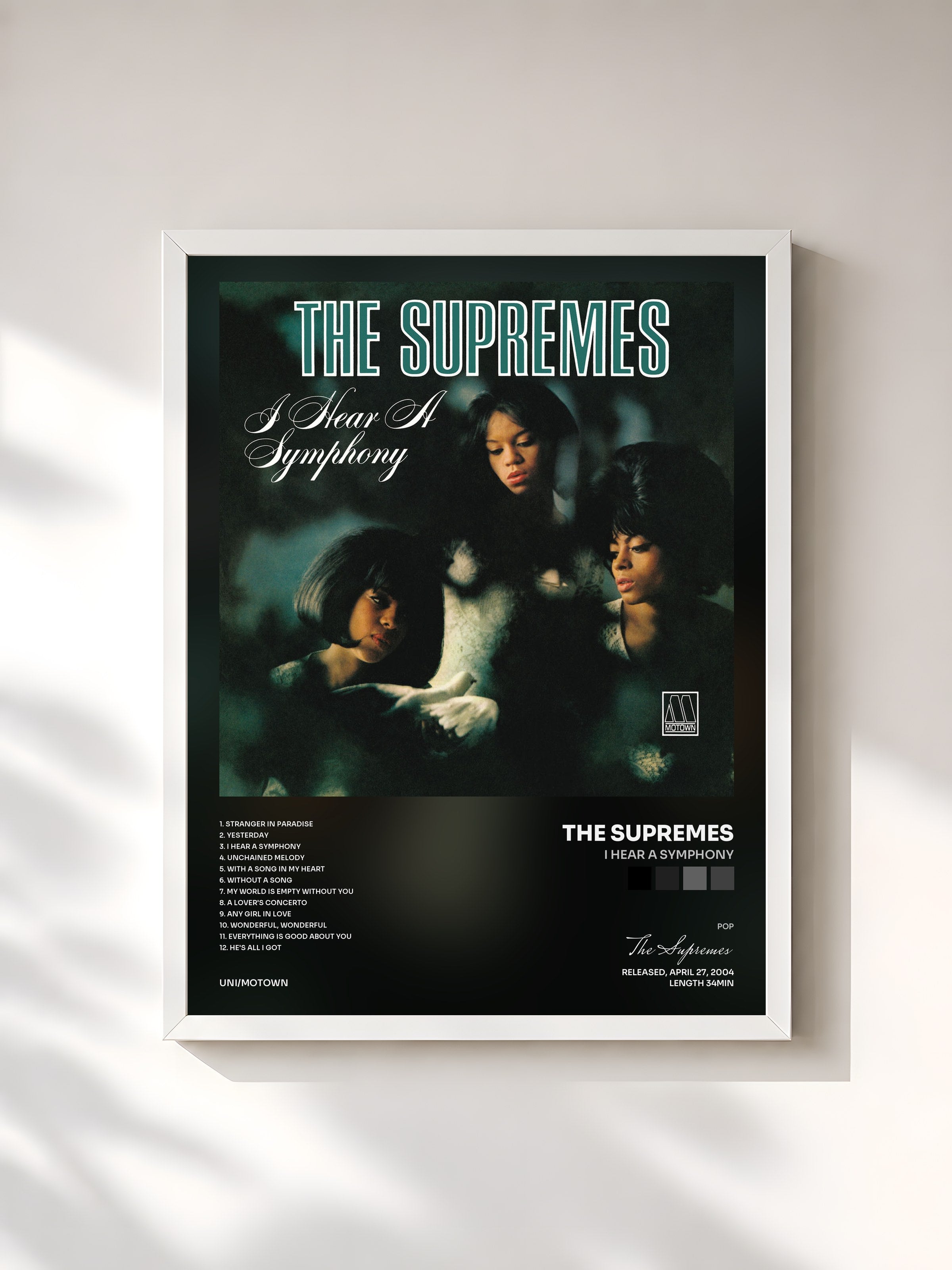 #blanc Tableau de l'album I Hear A Symphony de The Supremes, cadre blanc, imprimé et encadré en France