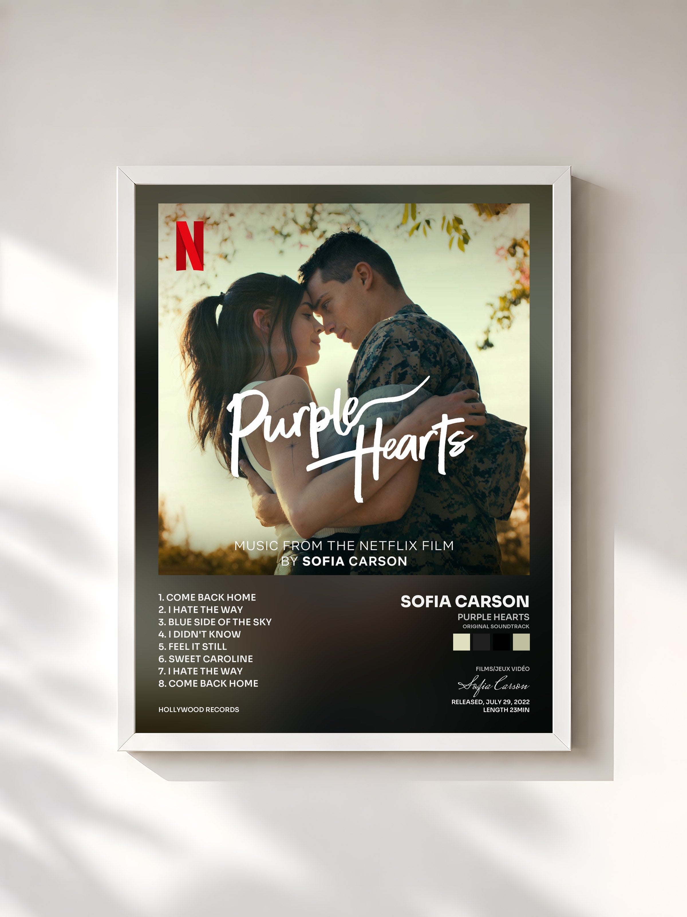 #blanc Tableau de l'album Purple Hearts (Original Soundtrack) de Sofia Carson, cadre blanc, imprimé et encadré en France