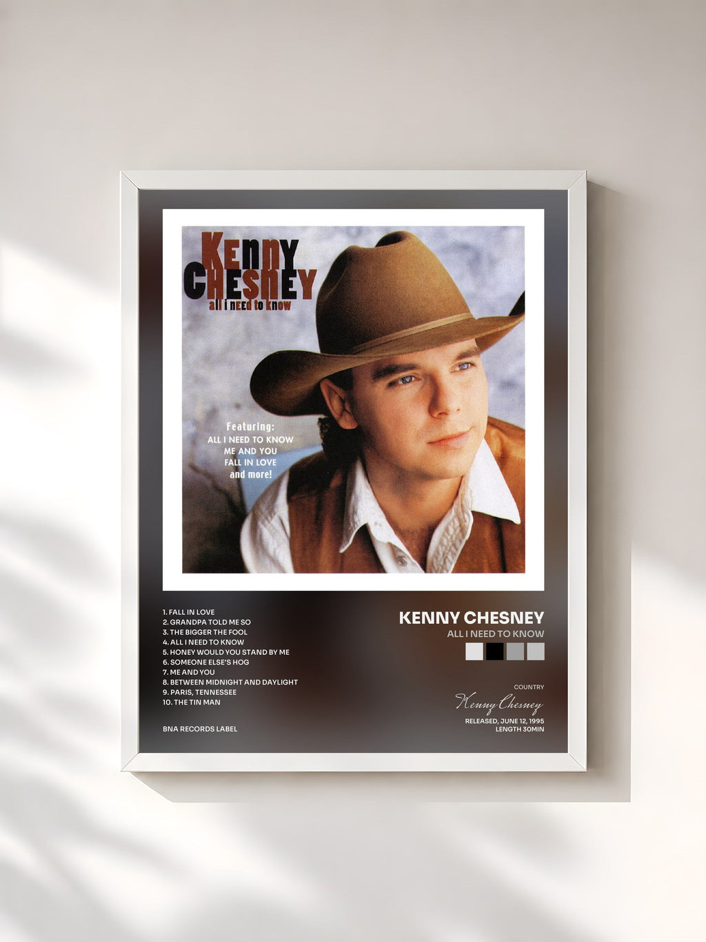 #blanc All I Need To Know by Kenny Chesney as a framed art print, white frame, printed and framed in France