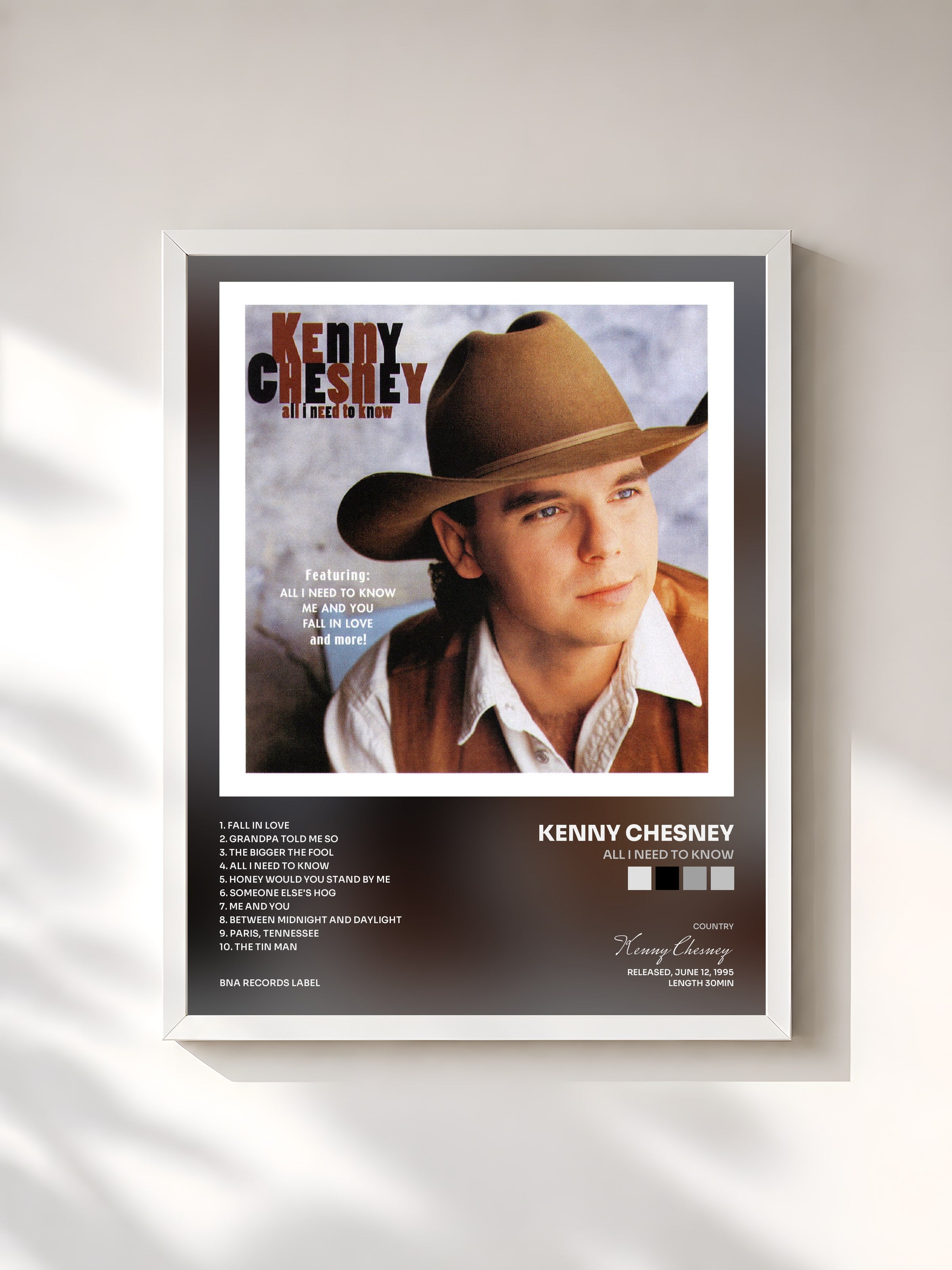 #blanc Tableau de l'album All I Need To Know de Kenny Chesney, cadre blanc, imprimé et encadré en France