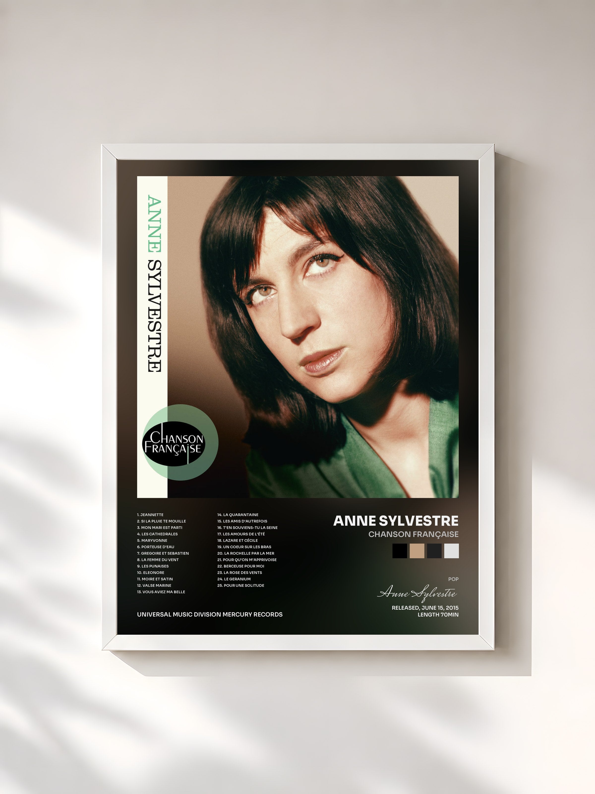 #blanc Tableau de l'album Chanson française de Anne Sylvestre, cadre blanc, imprimé et encadré en France