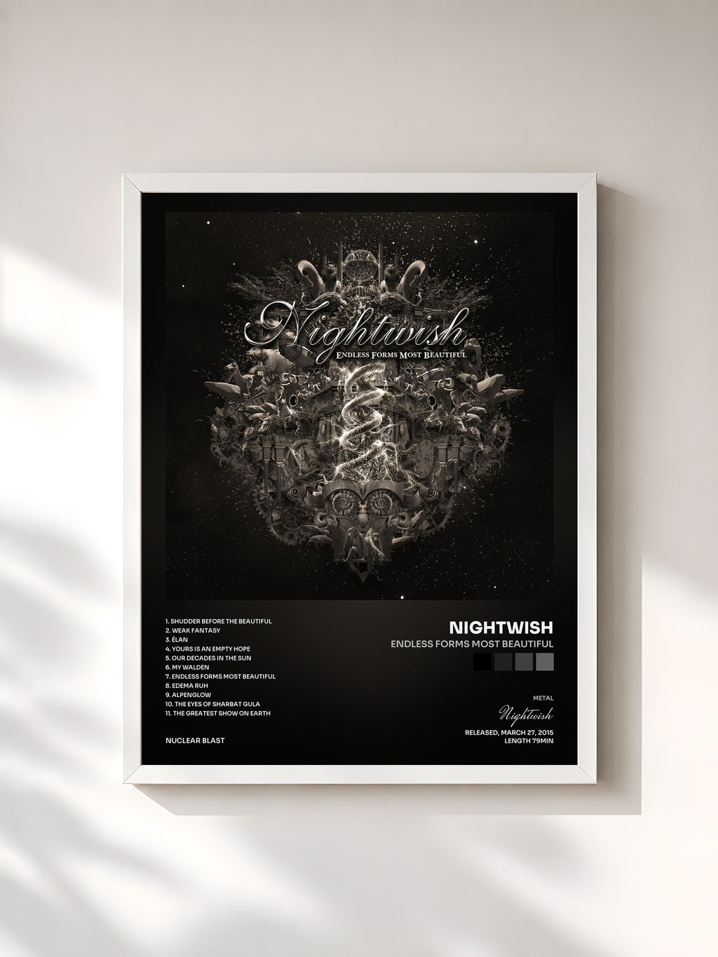 #blanc Tableau de l'album Endless Forms Most Beautiful de Nightwish, cadre blanc, imprimé et encadré en France