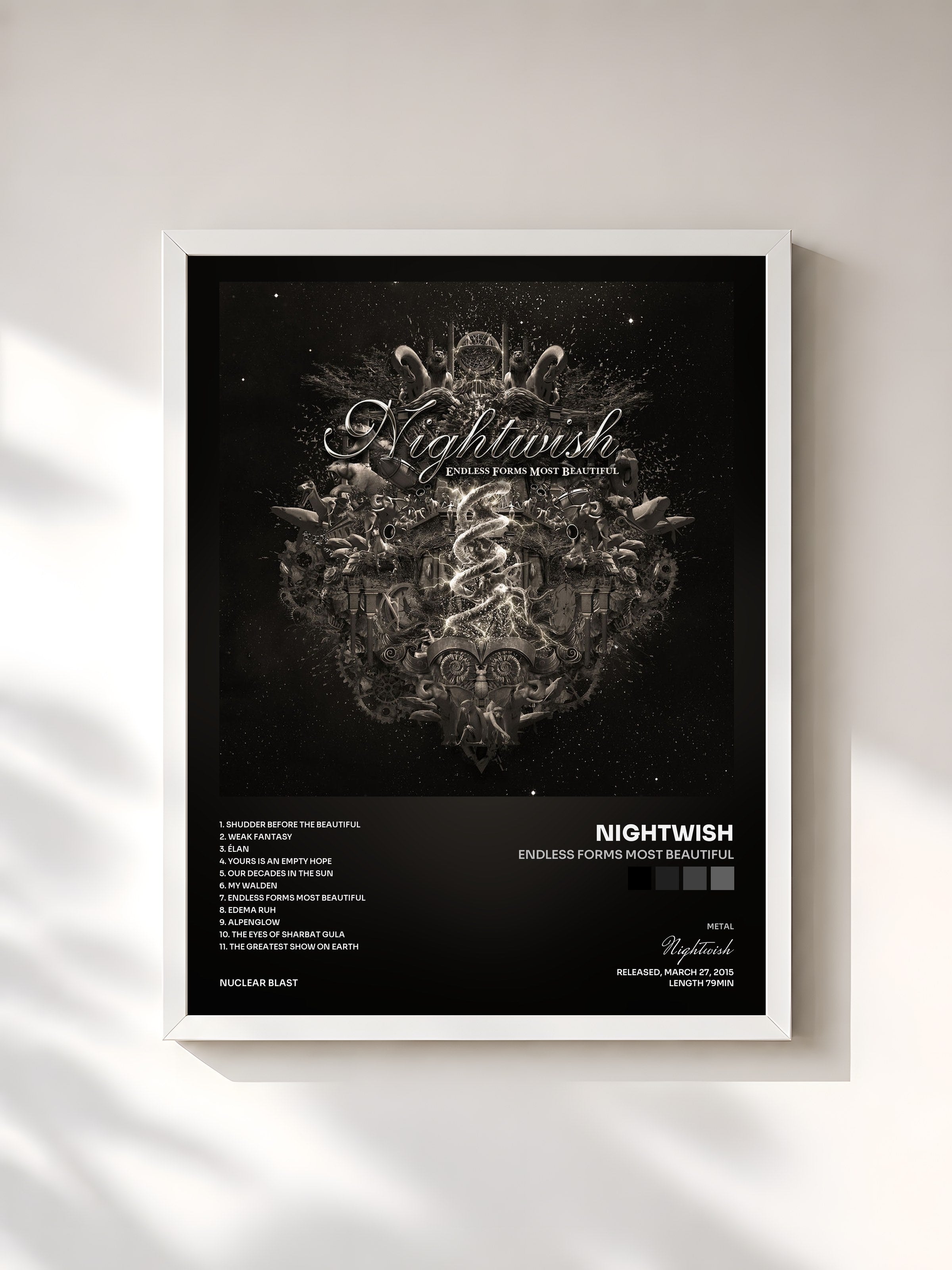 #blanc Tableau de l'album Endless Forms Most Beautiful de Nightwish, cadre blanc, imprimé et encadré en France