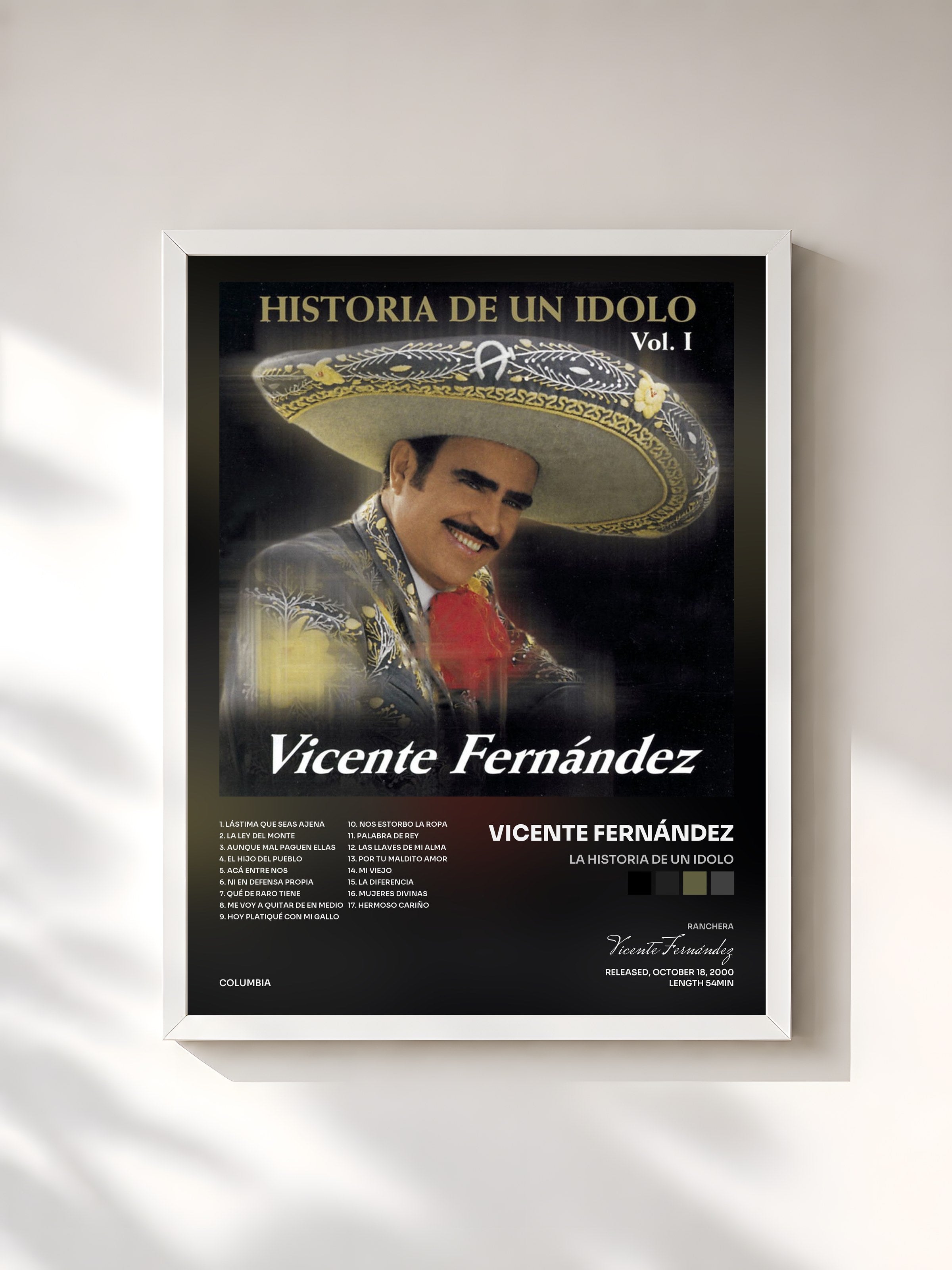 #blanc Tableau de l'album La Historia De Un Idolo de Vicente Fernández, cadre blanc, imprimé et encadré en France