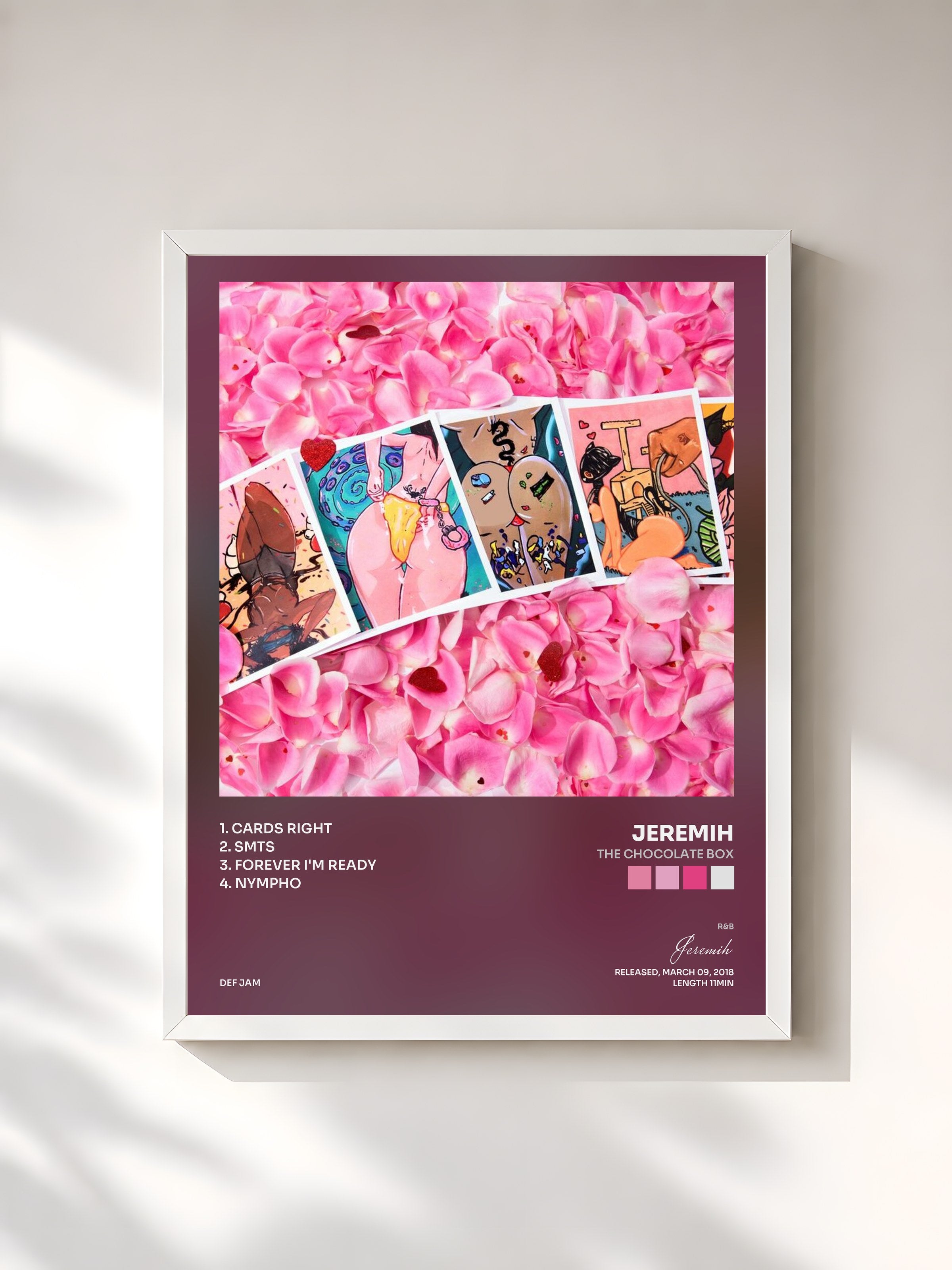 #blanc Tableau de l'album The Chocolate Box de Jeremih, cadre blanc, imprimé et encadré en France