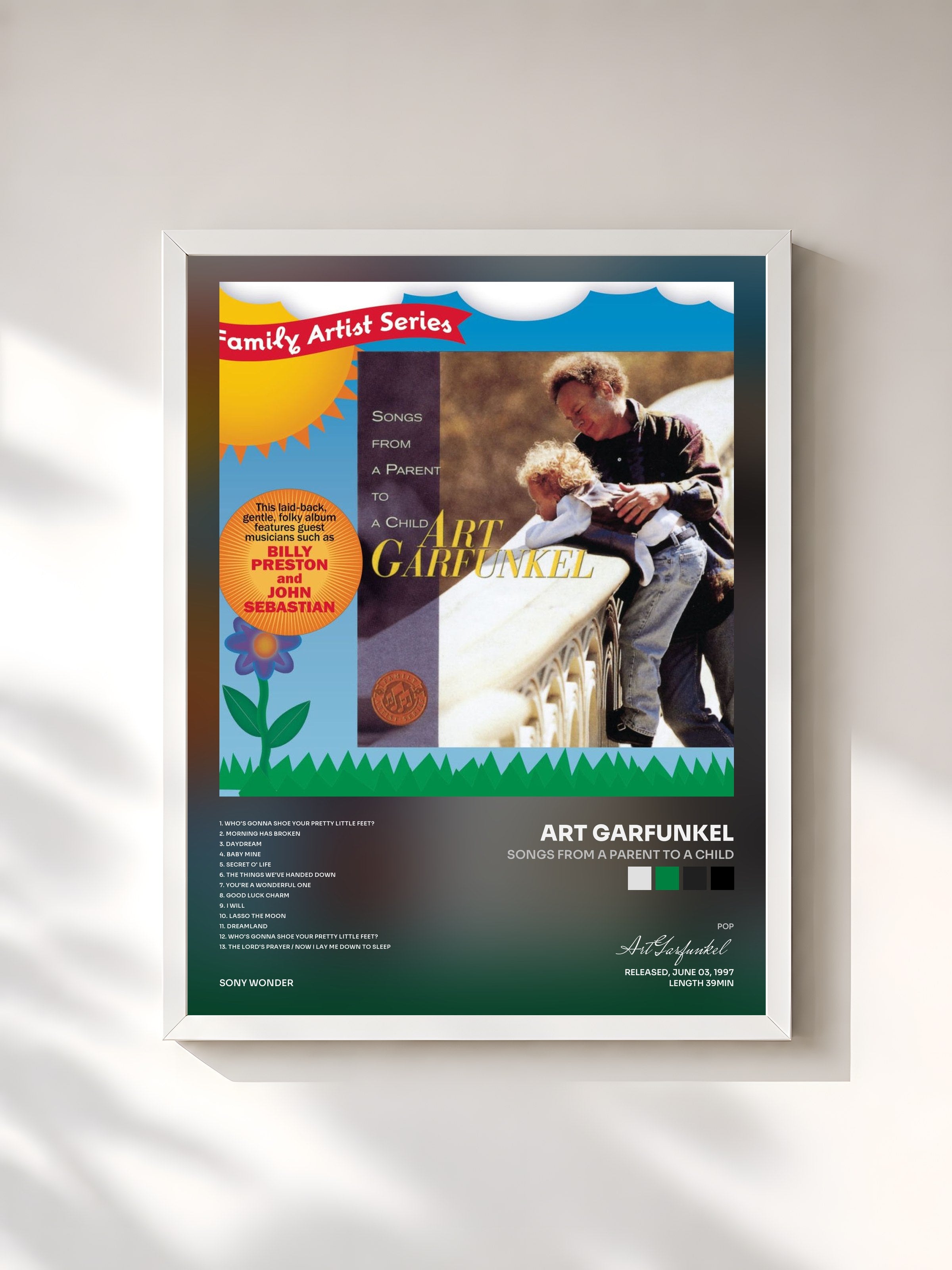 #blanc Tableau de l'album Songs From A Parent To A Child de Art Garfunkel, cadre blanc, imprimé et encadré en France