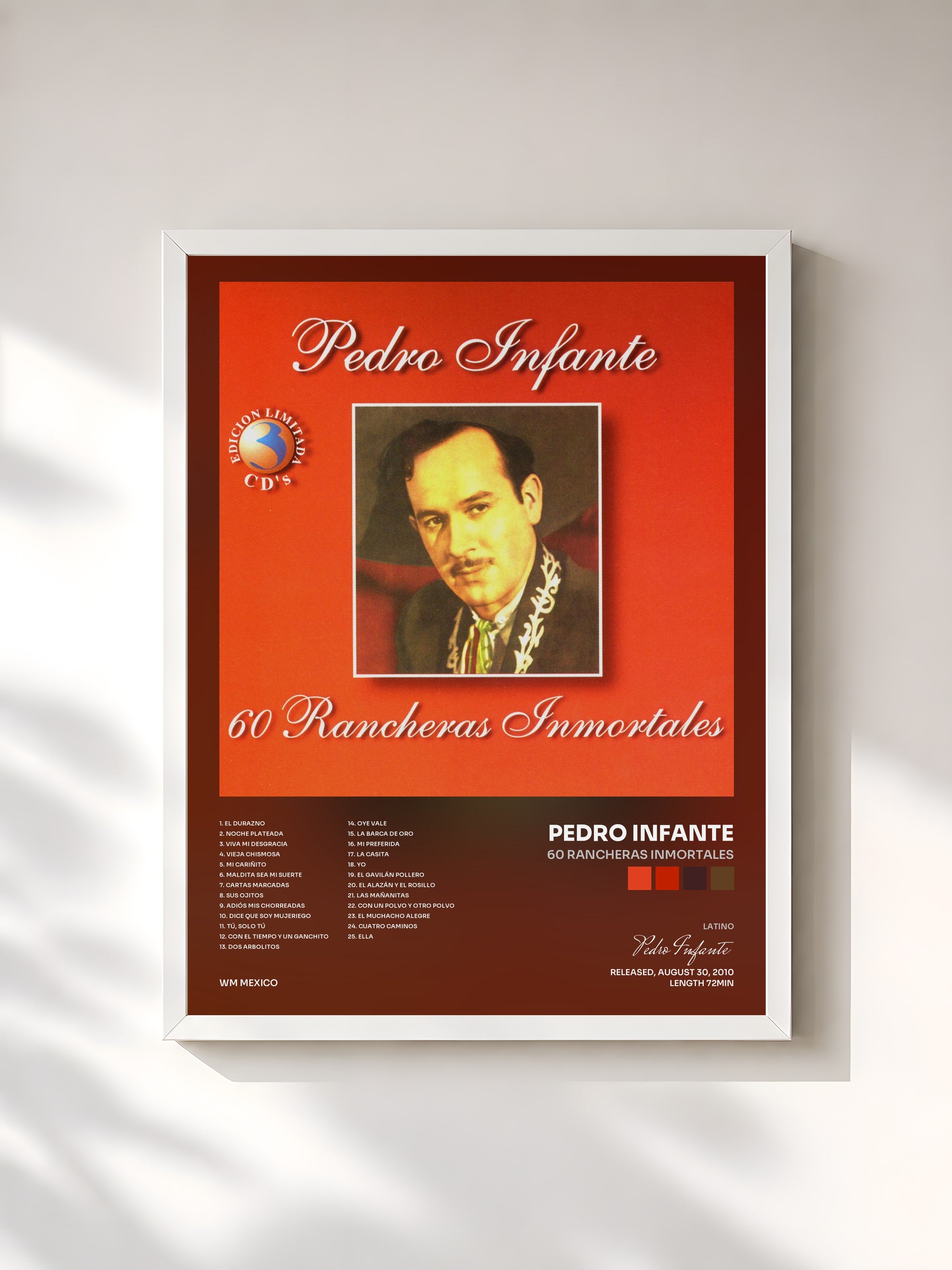 #blanc Tableau de l'album 60 Rancheras Inmortales de Pedro Infante, cadre blanc, imprimé et encadré en France