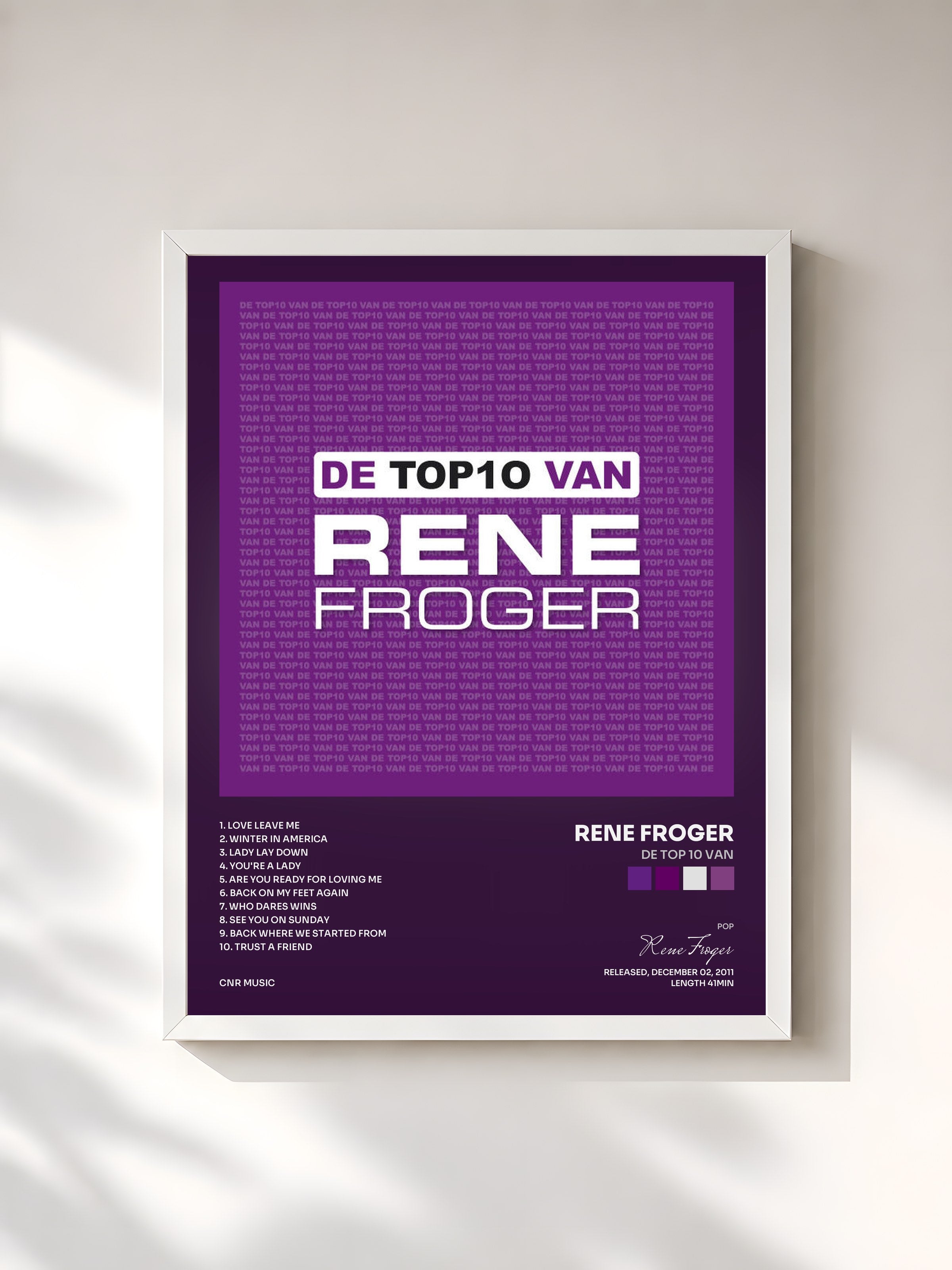 #blanc Tableau de l'album De Top 10 Van de Rene Froger, cadre blanc, imprimé et encadré en France