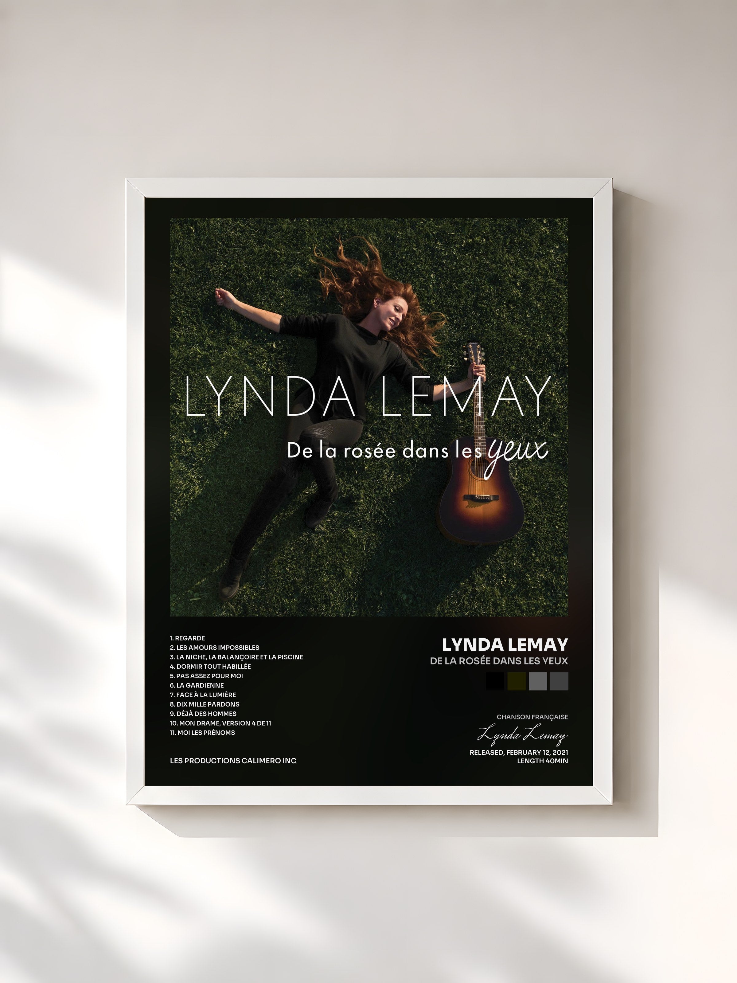#blanc Tableau de l'album De la rosée dans les yeux de Lynda Lemay, cadre blanc, imprimé et encadré en France
