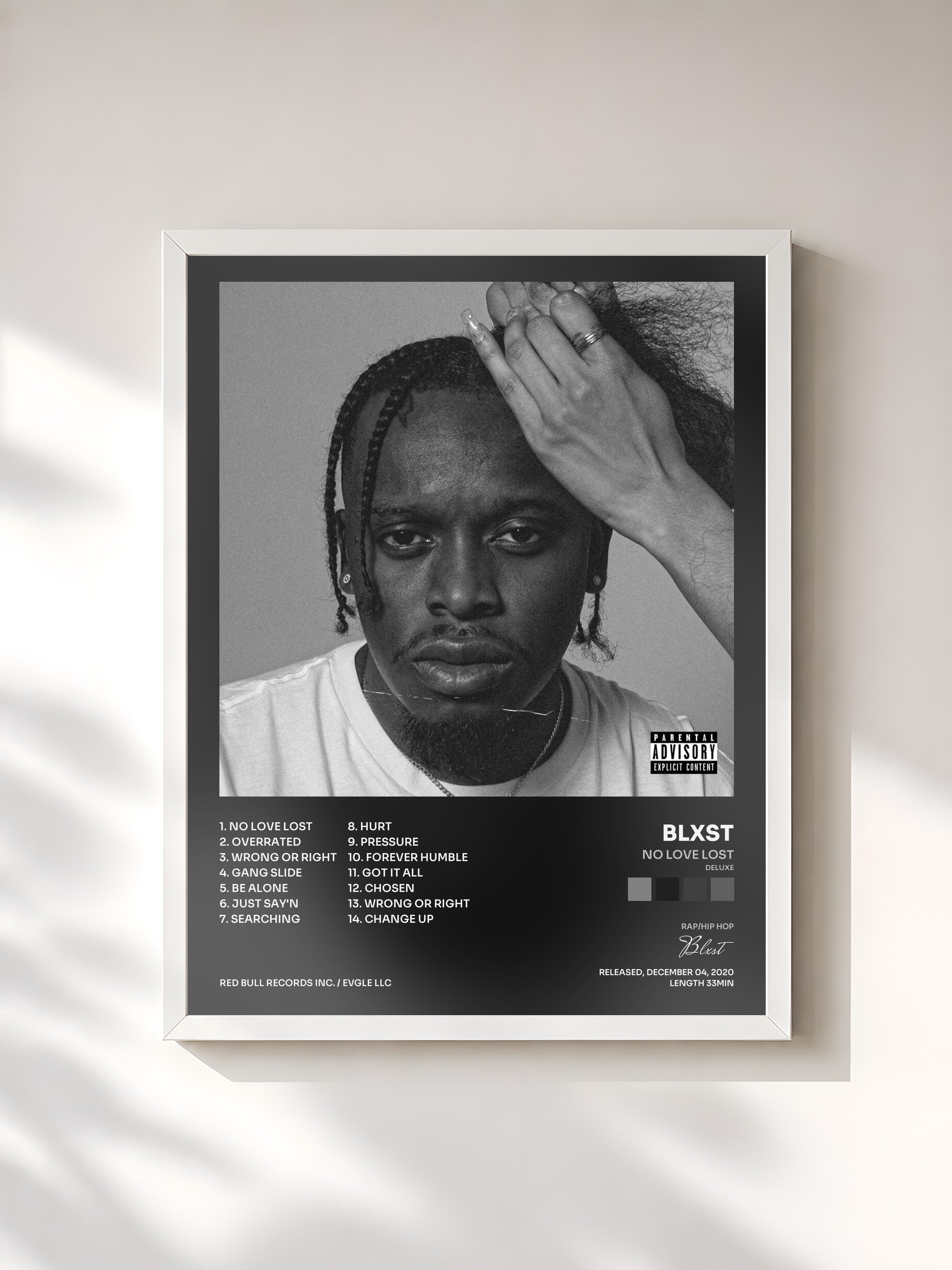#blanc Tableau de l'album No Love Lost (Deluxe) de Blxst, cadre blanc, imprimé et encadré en France