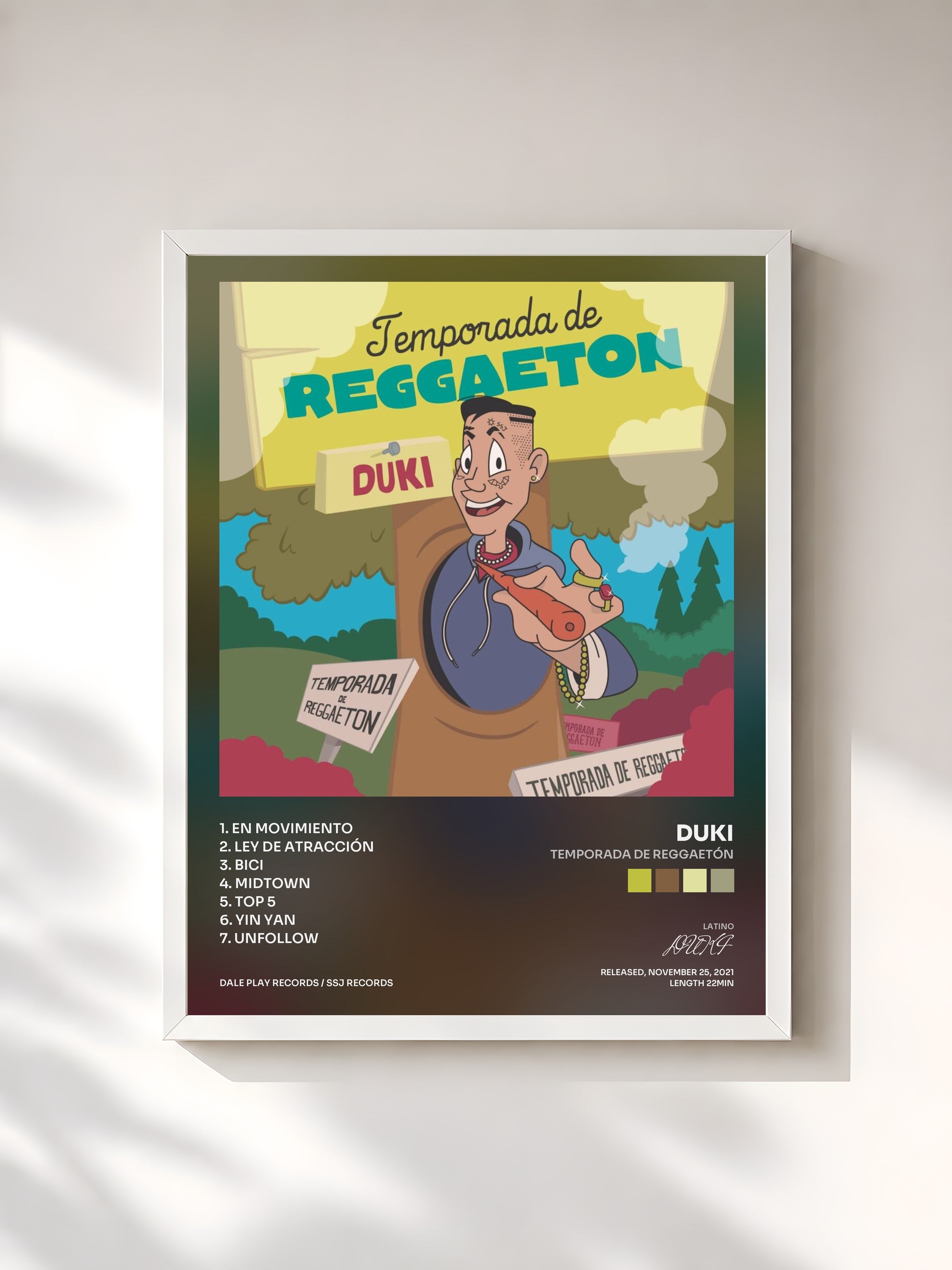 #blanc Tableau de l'album Temporada de Reggaetón de DUKI, cadre blanc, imprimé et encadré en France