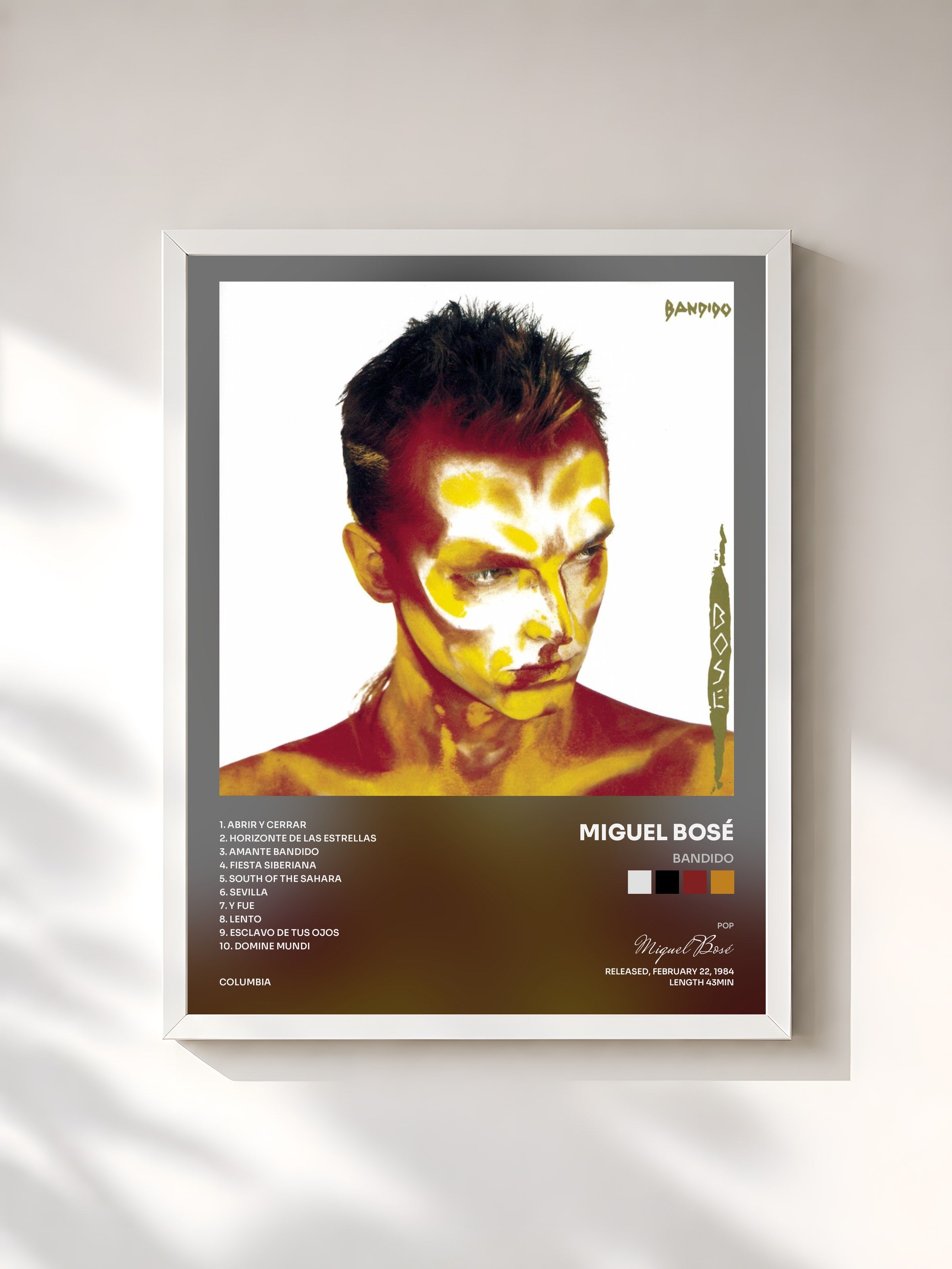 #blanc Tableau de l'album Bandido de Miguel Bosé, cadre blanc, imprimé et encadré en France