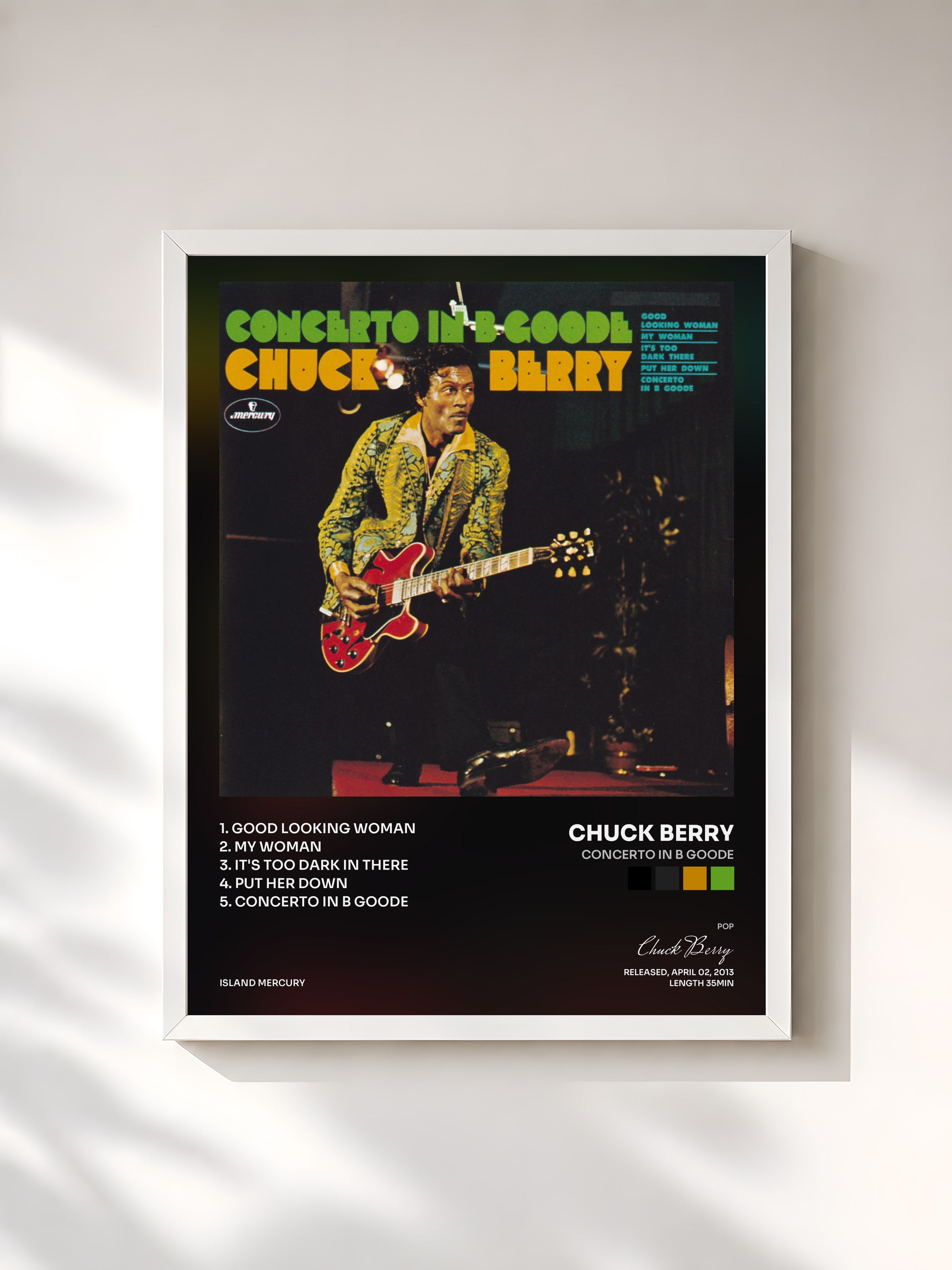 #blanc Tableau de l'album Concerto In B Goode de Chuck Berry, cadre blanc, imprimé et encadré en France