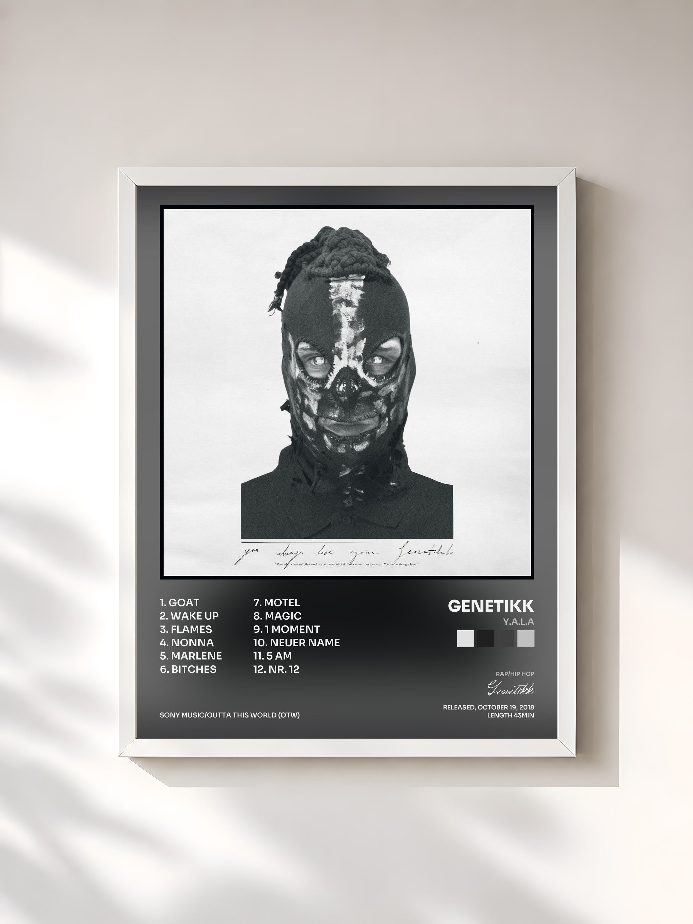 #blanc Tableau de l'album Y.A.L.A de Genetikk, cadre blanc, imprimé et encadré en France