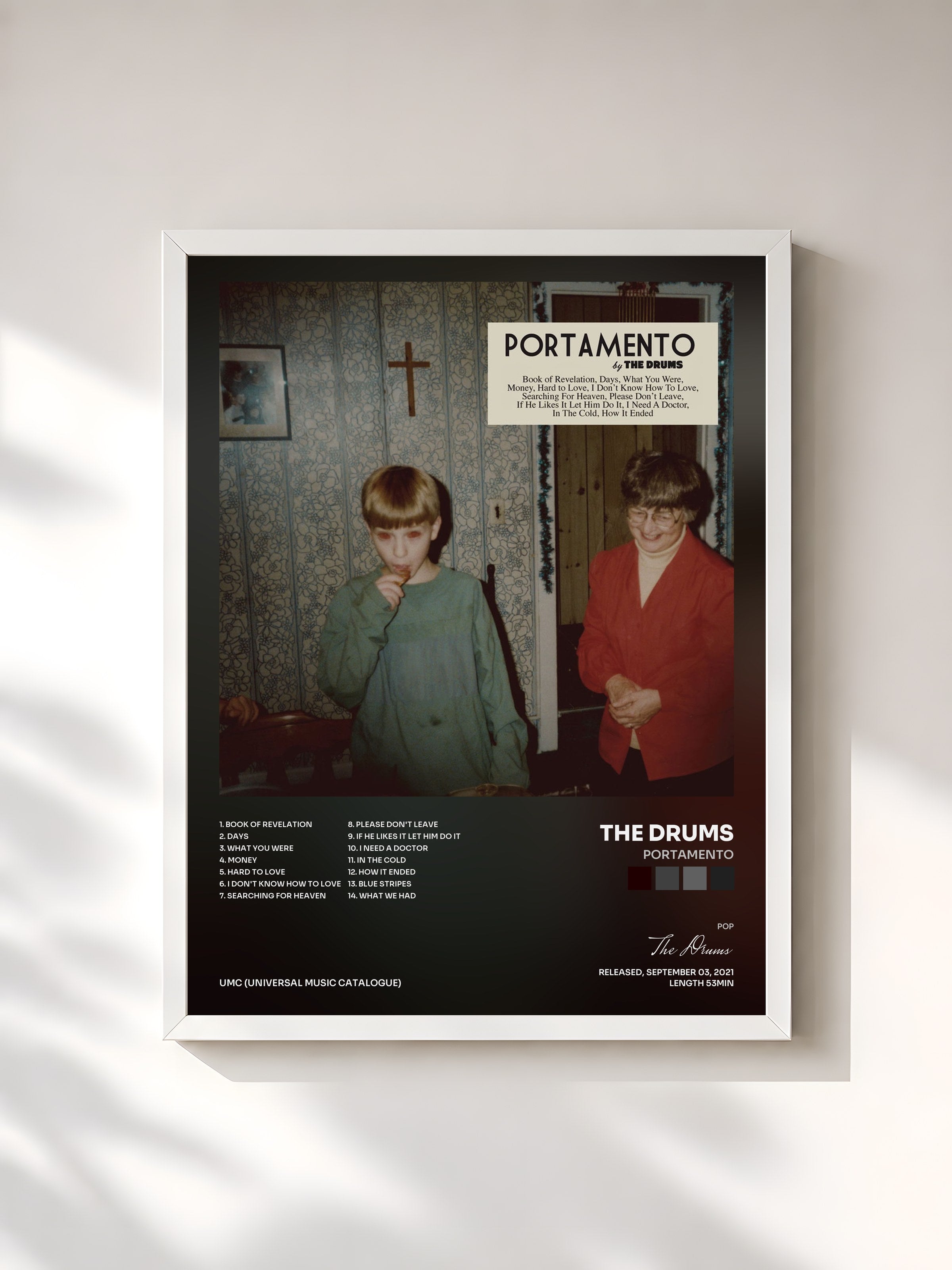 #blanc Tableau de l'album Portamento de The Drums, cadre blanc, imprimé et encadré en France