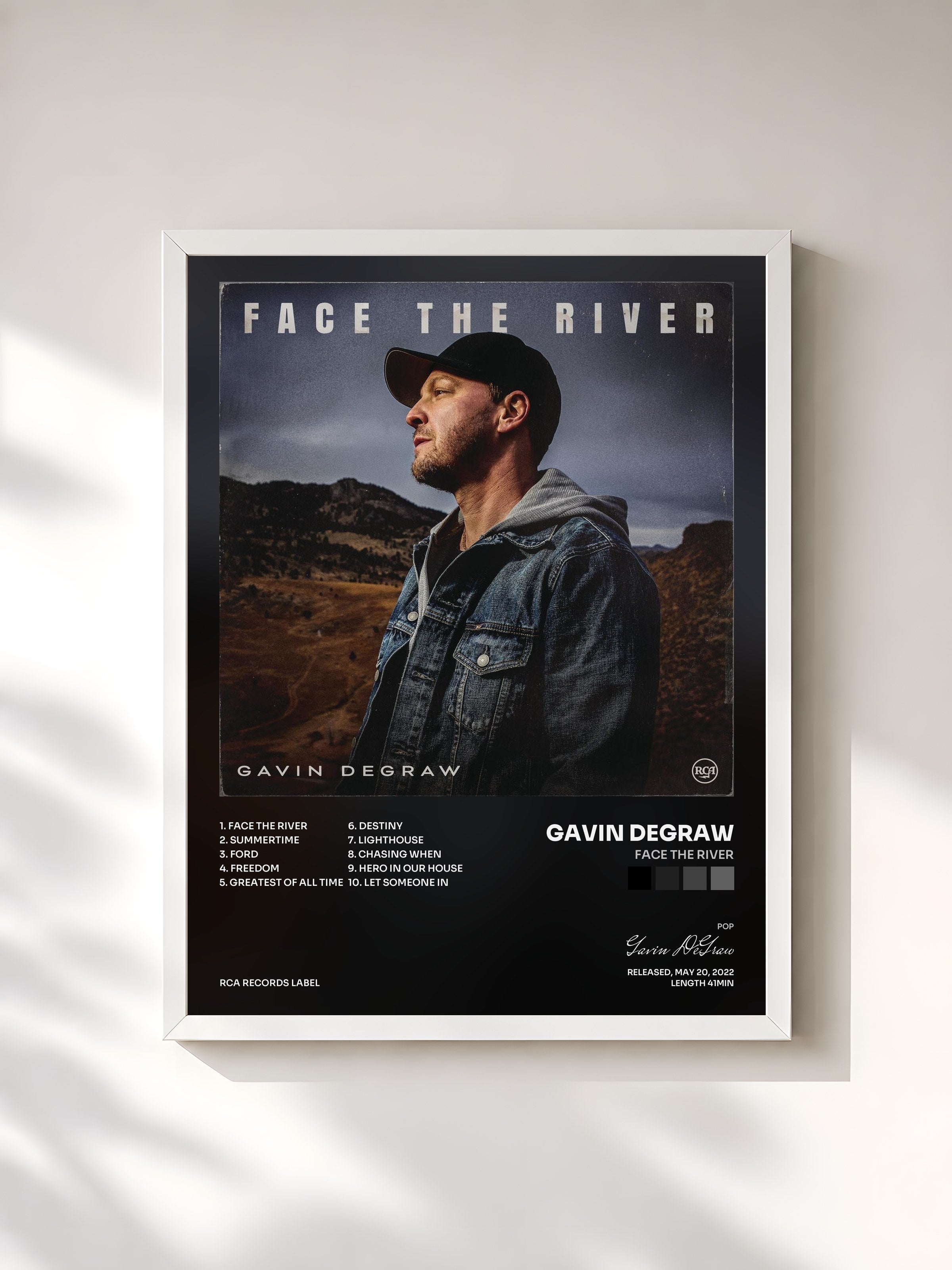 #blanc Tableau de l'album Face The River de Gavin DeGraw, cadre blanc, imprimé et encadré en France