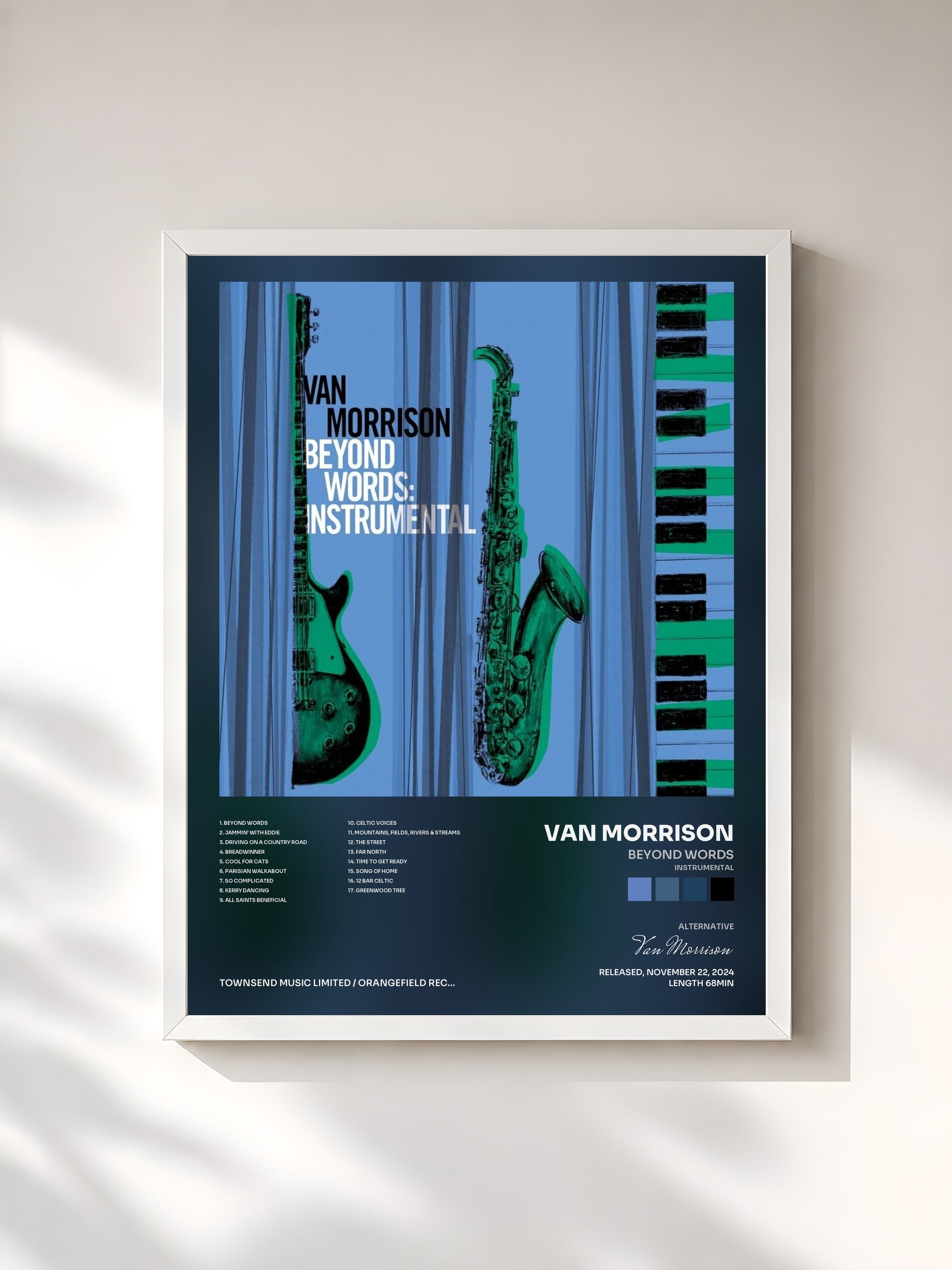 #blanc Tableau de l'album Beyond Words (Instrumental) de Van Morrison, cadre blanc, imprimé et encadré en France