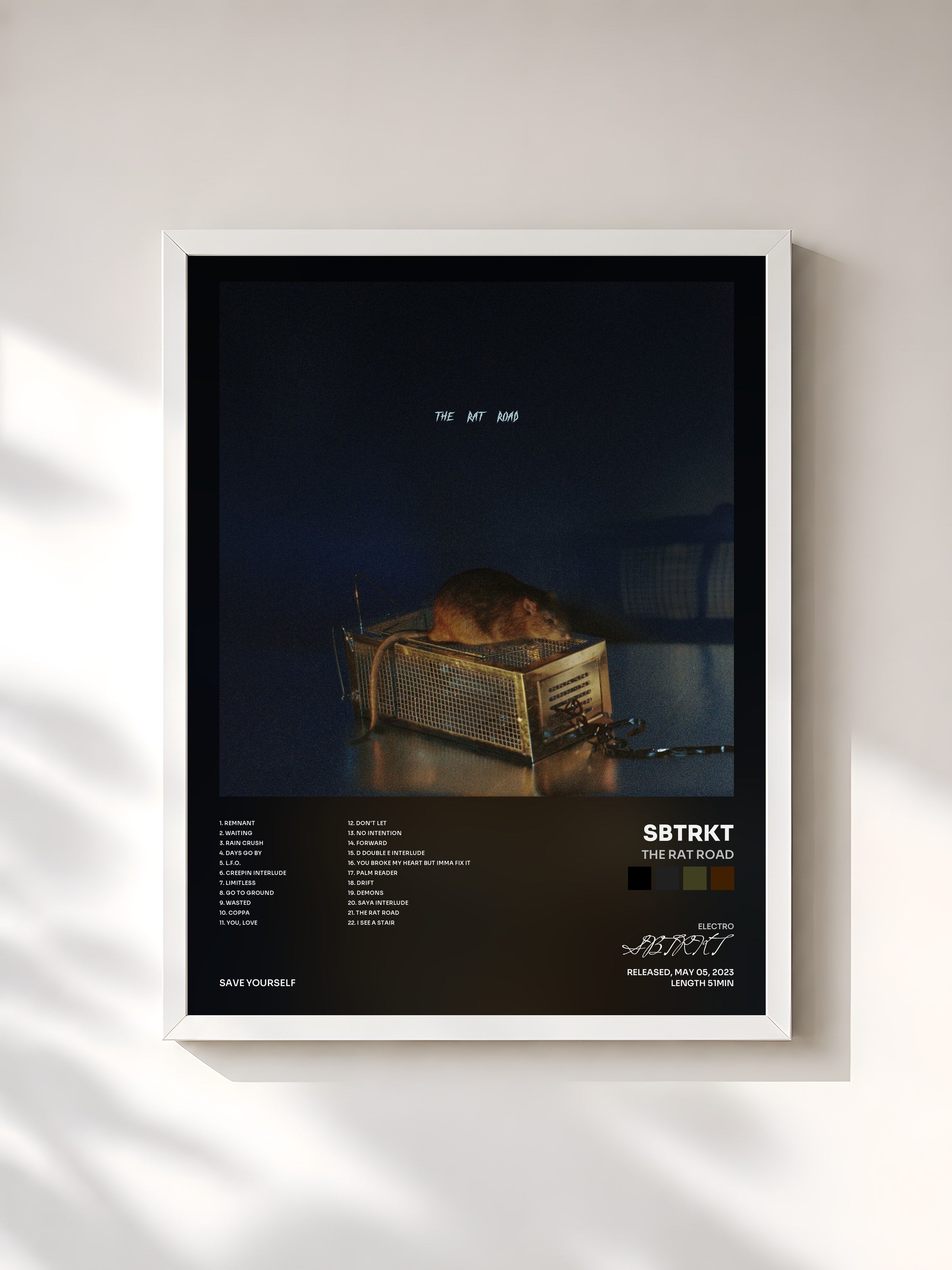 #blanc Tableau de l'album THE RAT ROAD de SBTRKT, cadre blanc, imprimé et encadré en France