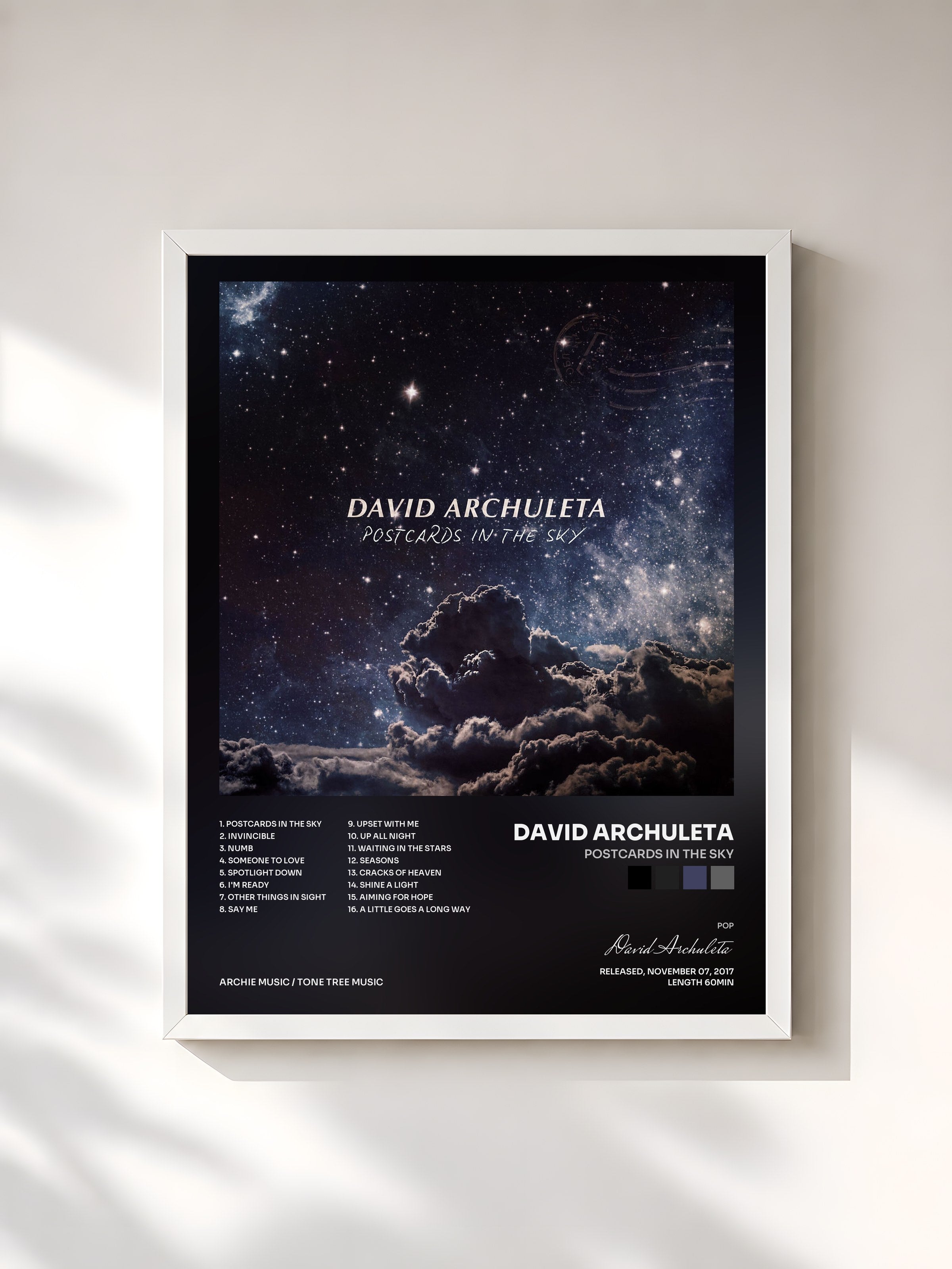 #blanc Tableau de l'album Postcards in the Sky de David Archuleta, cadre blanc, imprimé et encadré en France