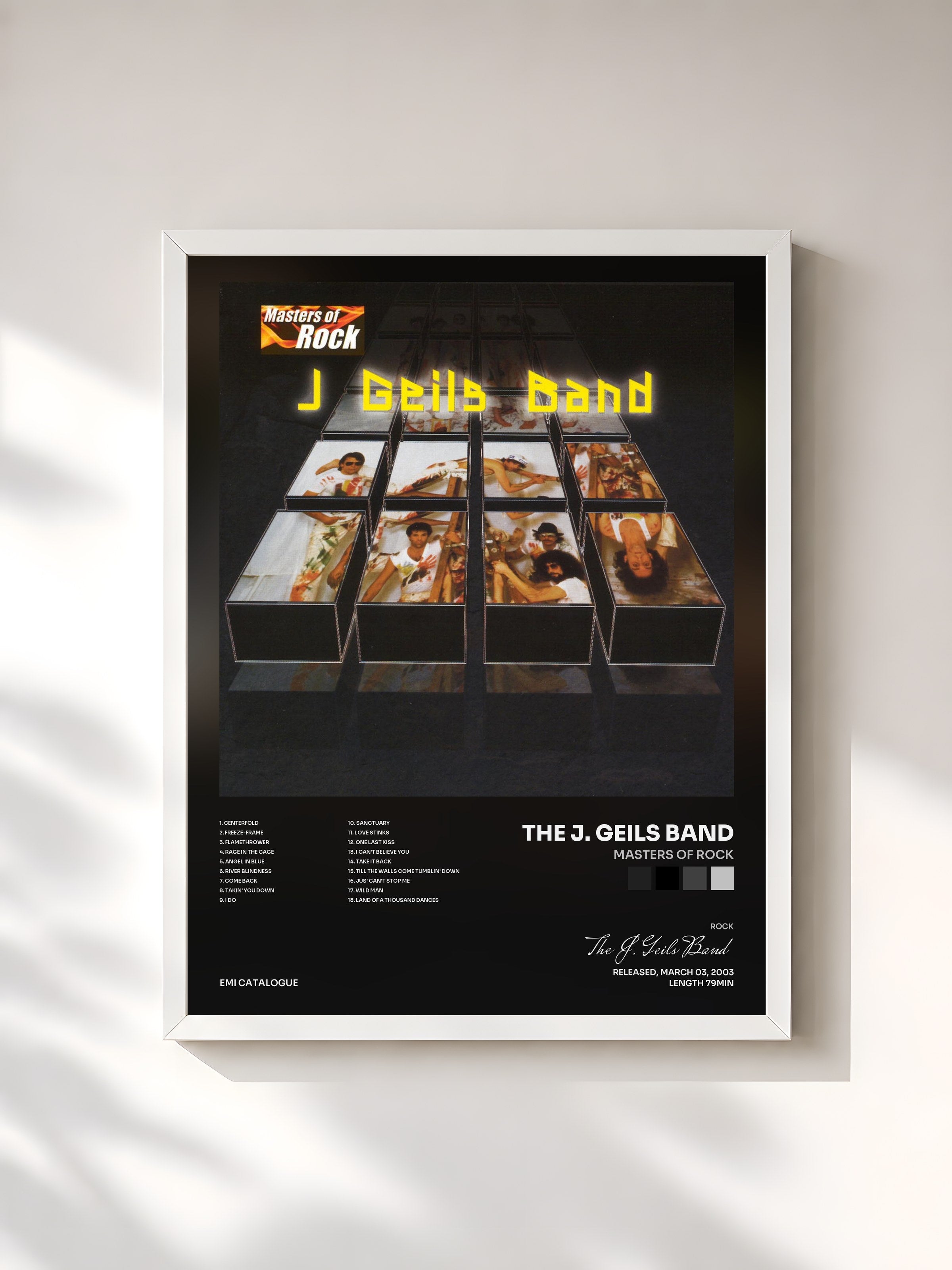 #blanc Tableau de l'album Masters Of Rock de The J. Geils Band, cadre blanc, imprimé et encadré en France