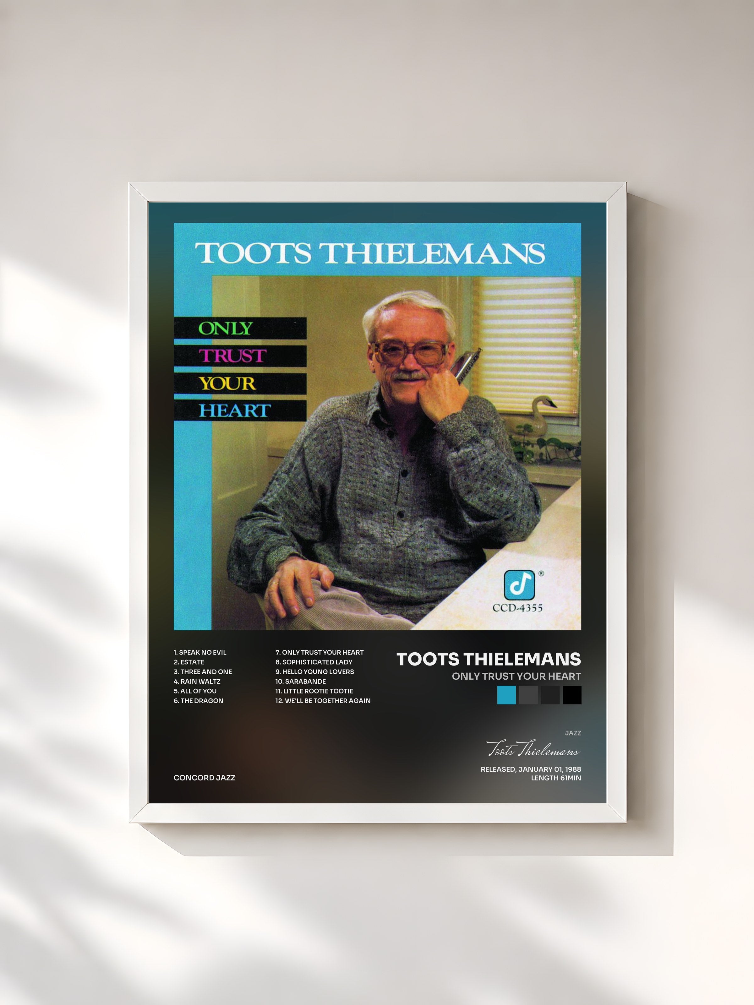 #blanc Tableau de l'album Only Trust Your Heart de Toots Thielemans, cadre blanc, imprimé et encadré en France