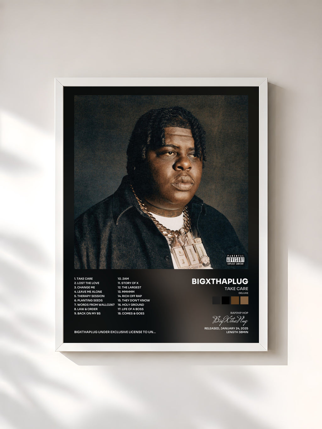#blanc Tableau de l'album TAKE CARE (DELUXE) de BigXthaPlug, cadre blanc, imprimé et encadré en France