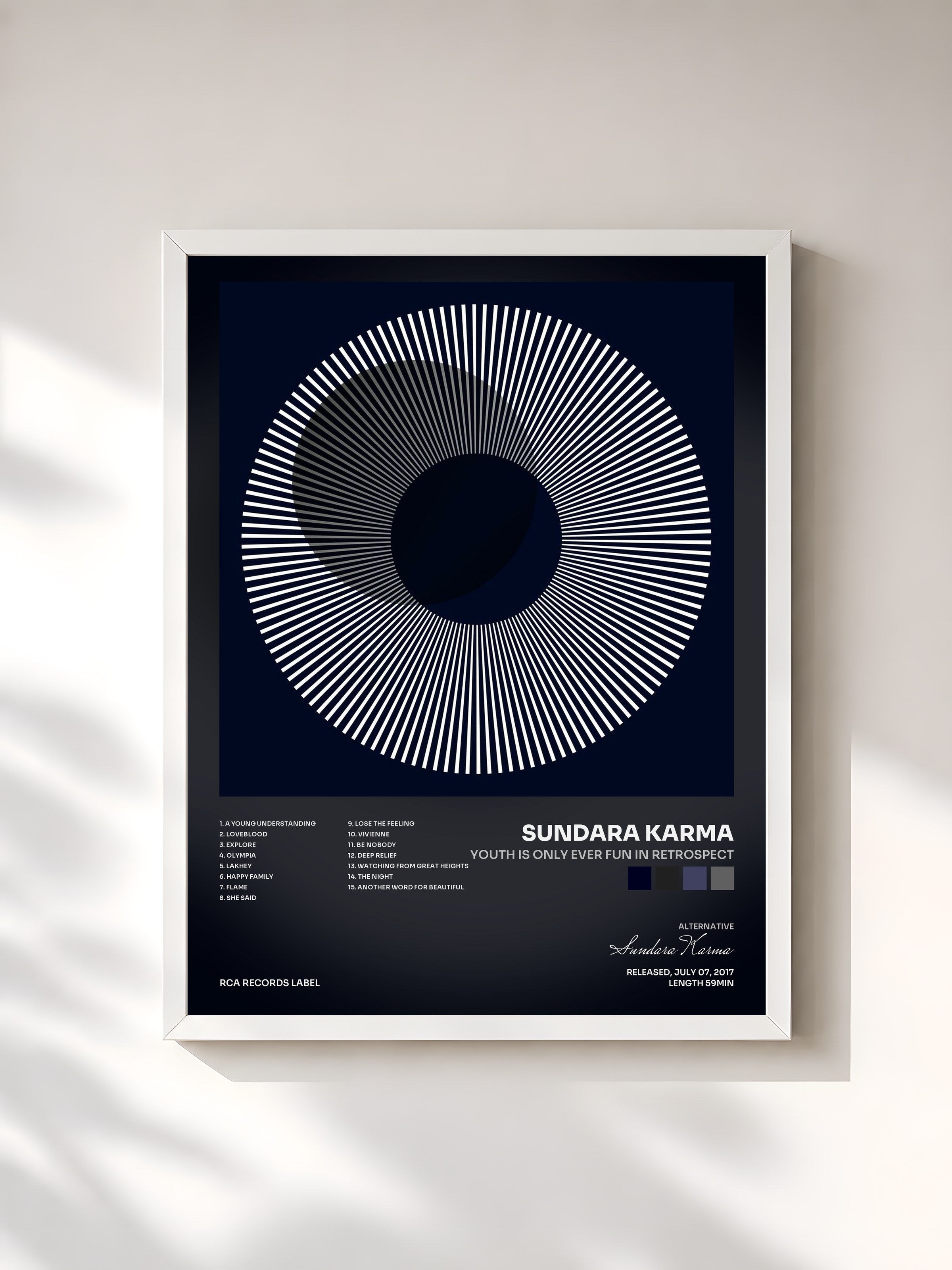 #blanc Tableau de l'album Youth is Only Ever Fun in Retrospect de Sundara Karma, cadre blanc, imprimé et encadré en France
