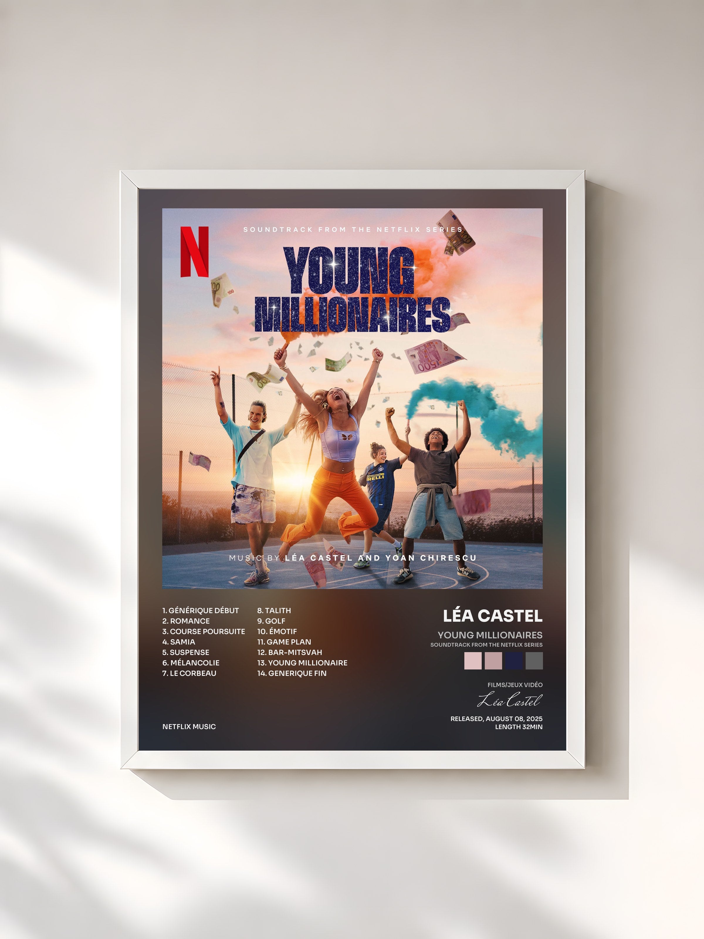 #blanc Tableau de l'album Young Millionaires (Soundtrack from the Netflix Series) de Léa Castel, cadre blanc, imprimé et encadré en France