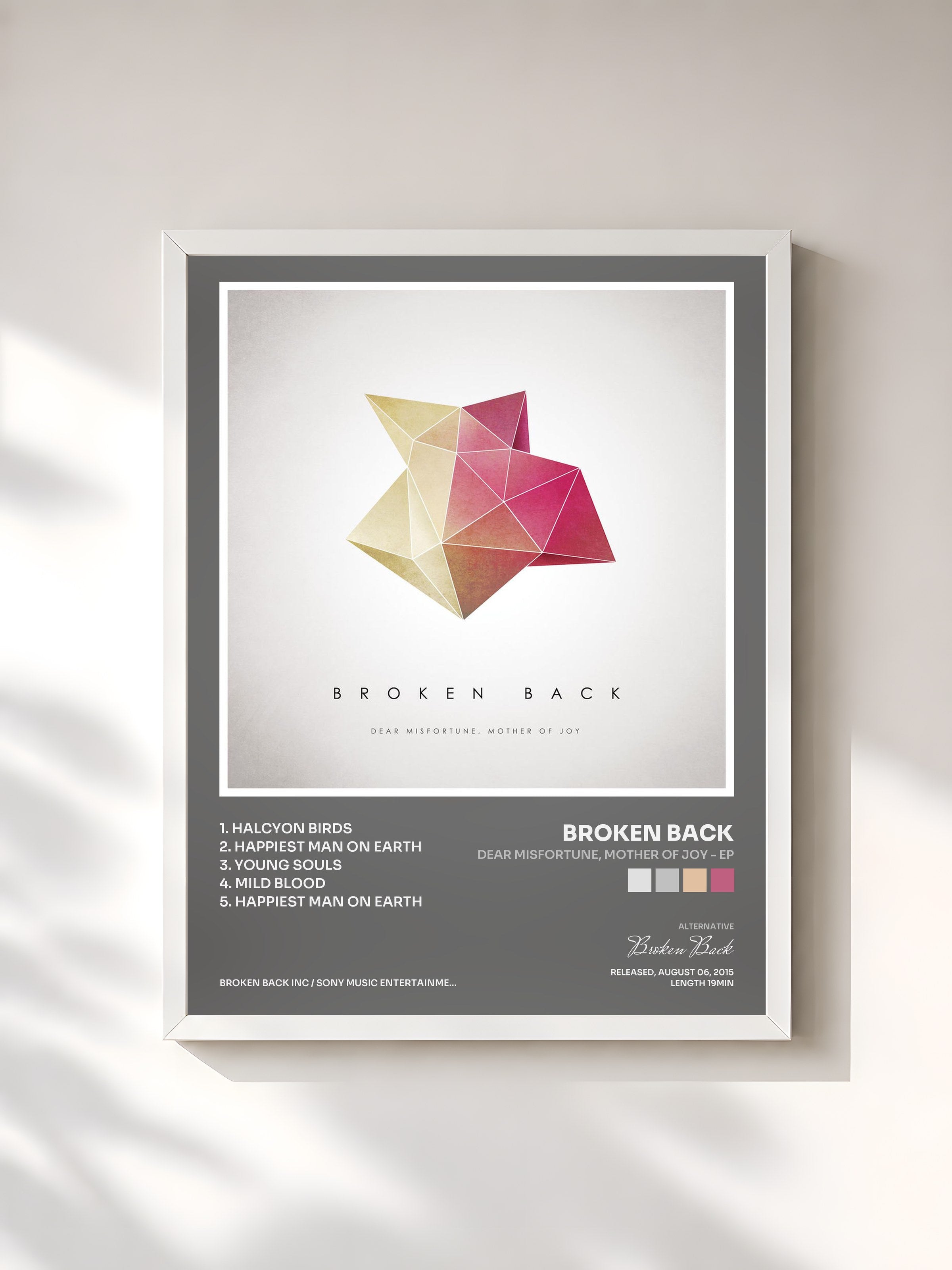 #blanc Tableau de l'album Dear Misfortune, Mother of Joy - EP de Broken Back, cadre blanc, imprimé et encadré en France