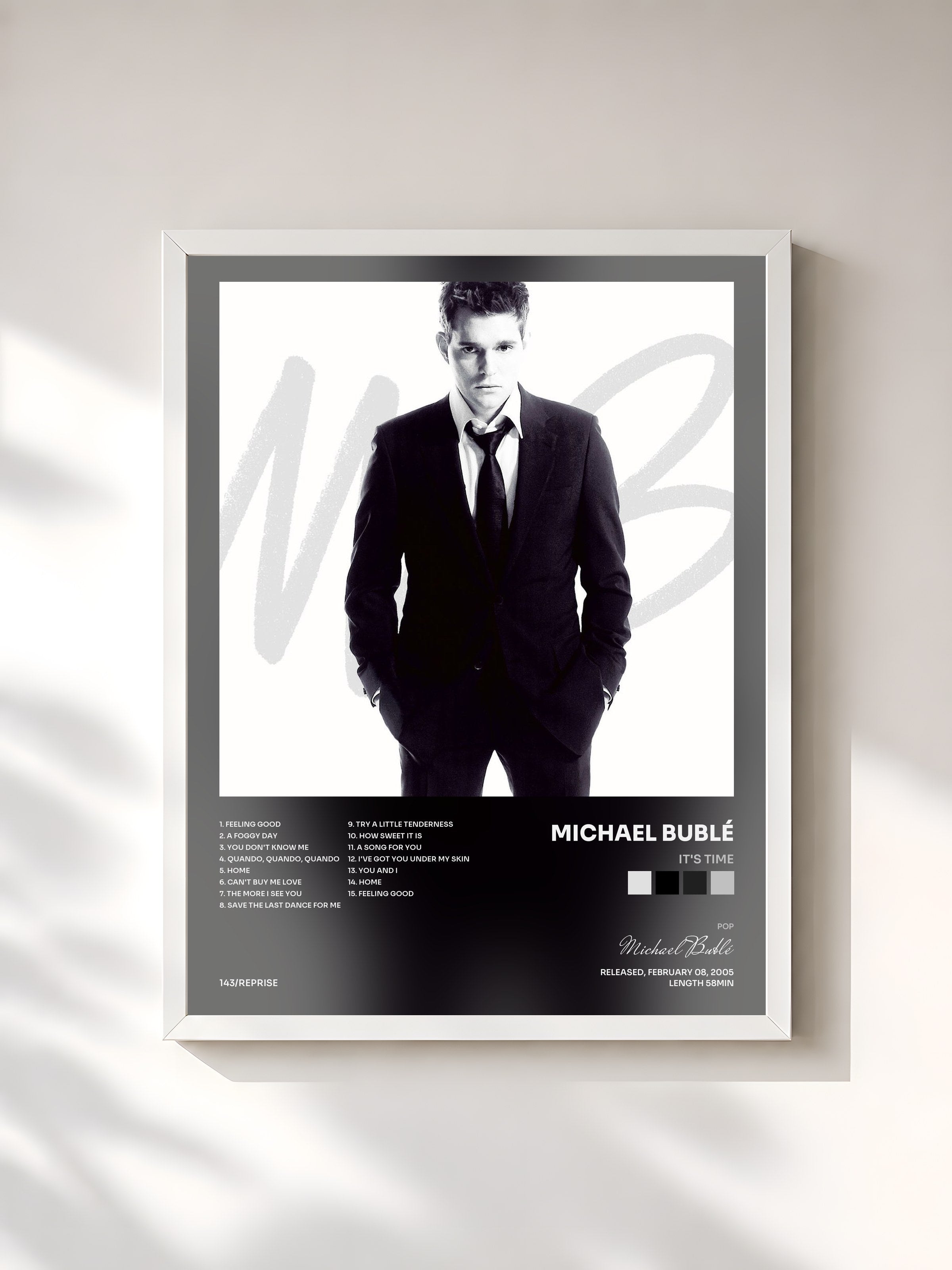 #blanc Tableau de l'album It's Time de Michael Bublé, cadre blanc, imprimé et encadré en France