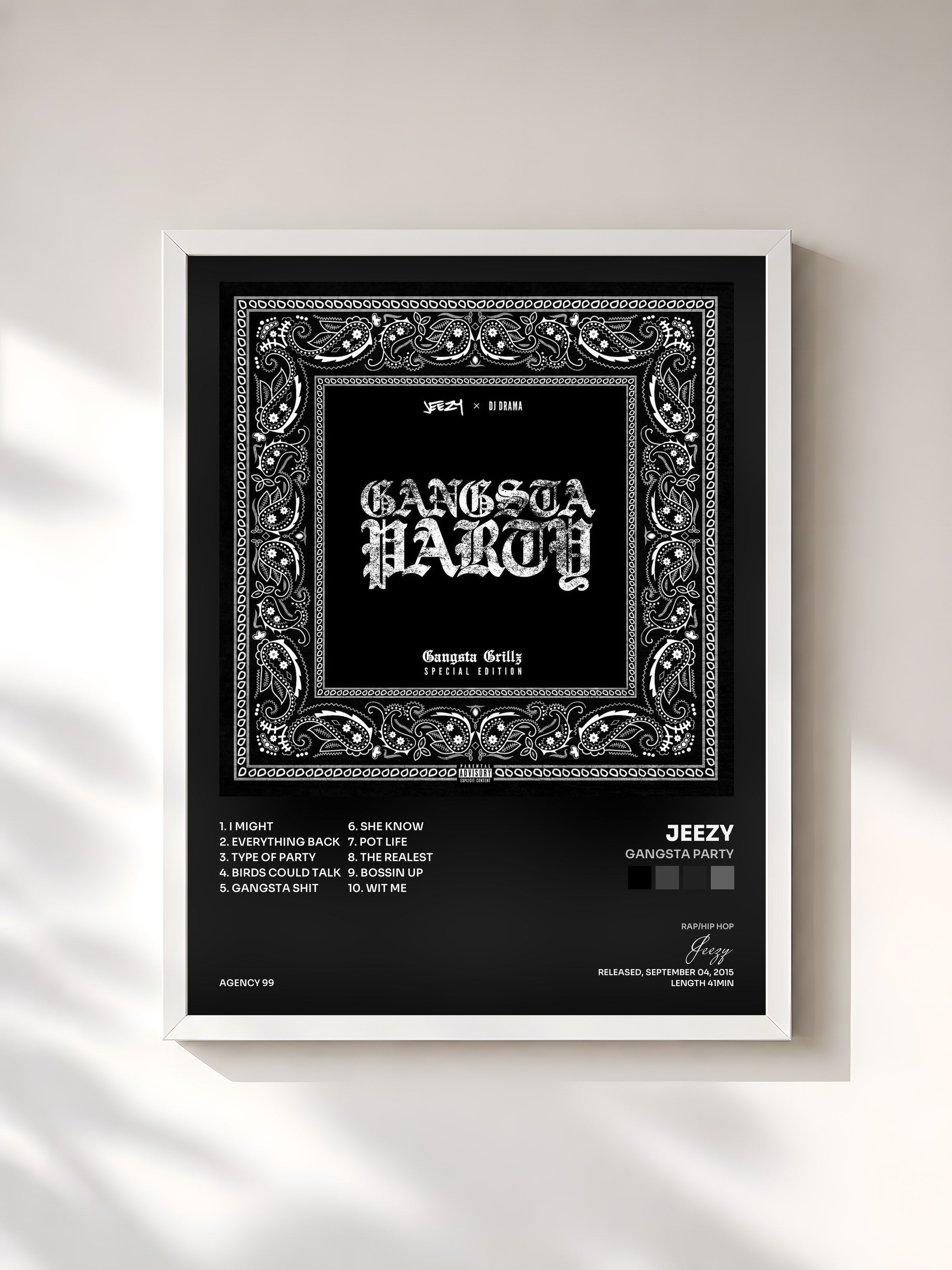 #blanc Tableau de l'album Gangsta Party de Jeezy, cadre blanc, imprimé et encadré en France