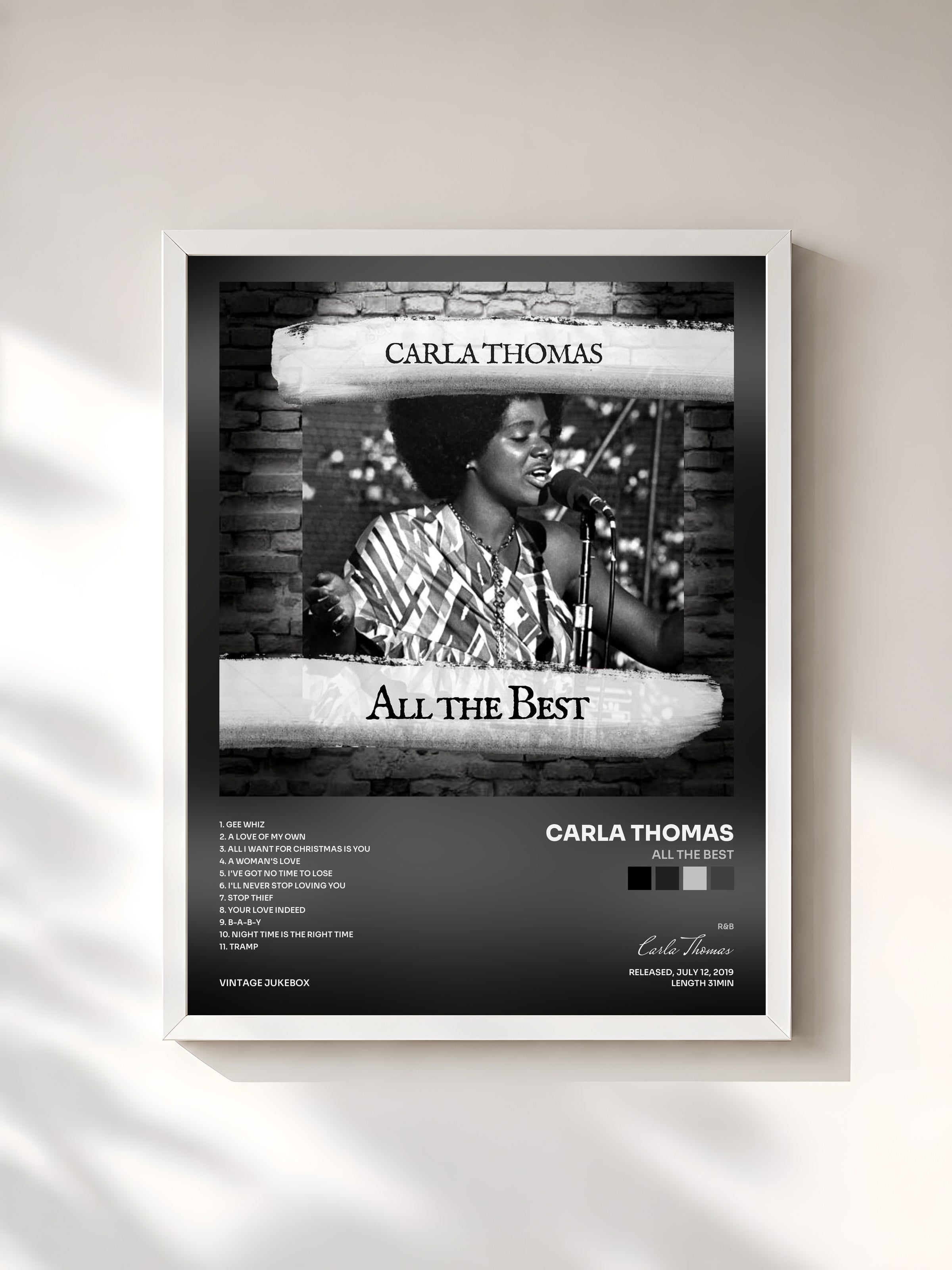 #blanc Tableau de l'album All the Best de Carla Thomas, cadre blanc, imprimé et encadré en France