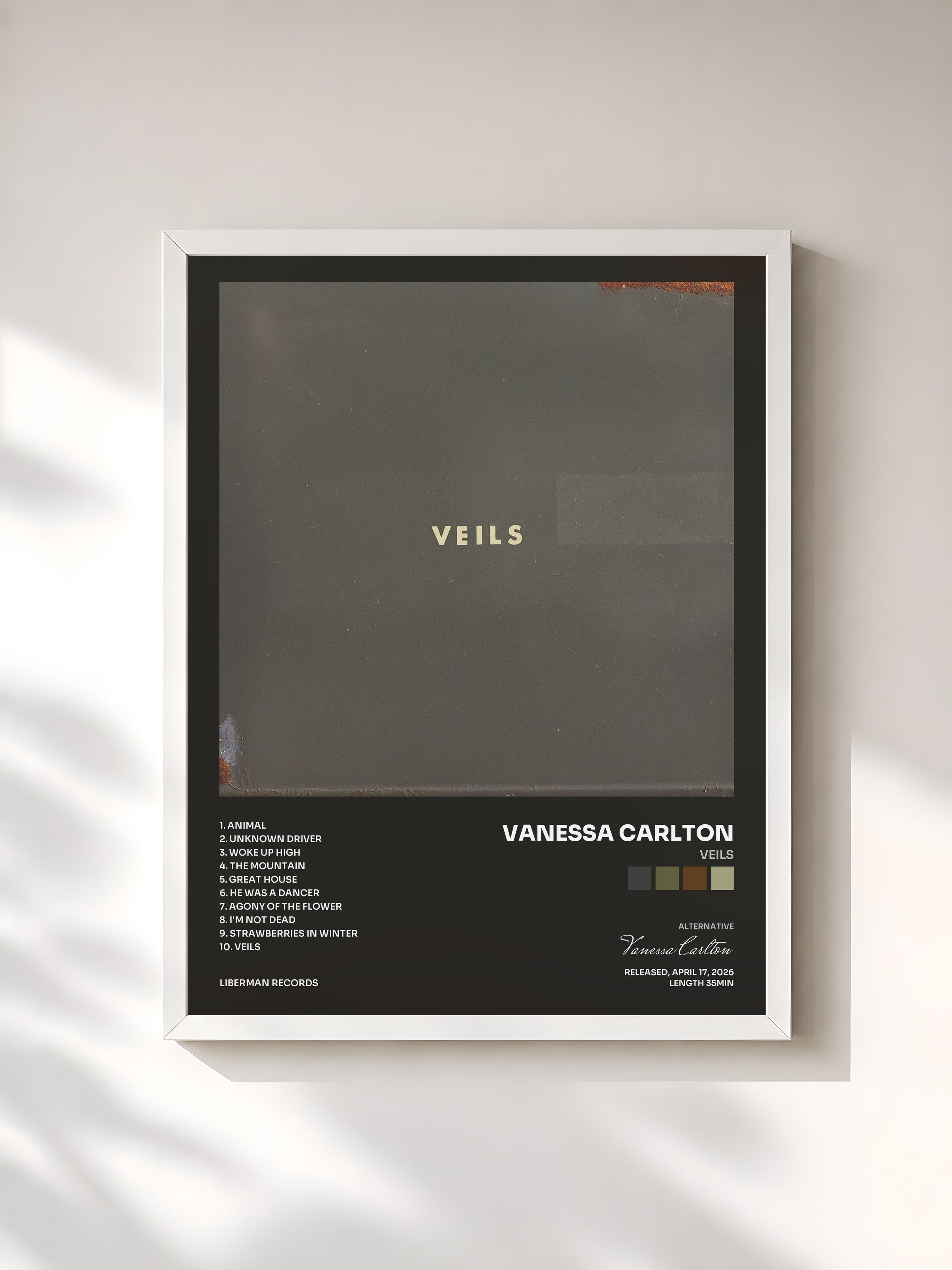 #blanc Tableau de l'album Veils de Vanessa Carlton, cadre blanc, imprimé et encadré en France