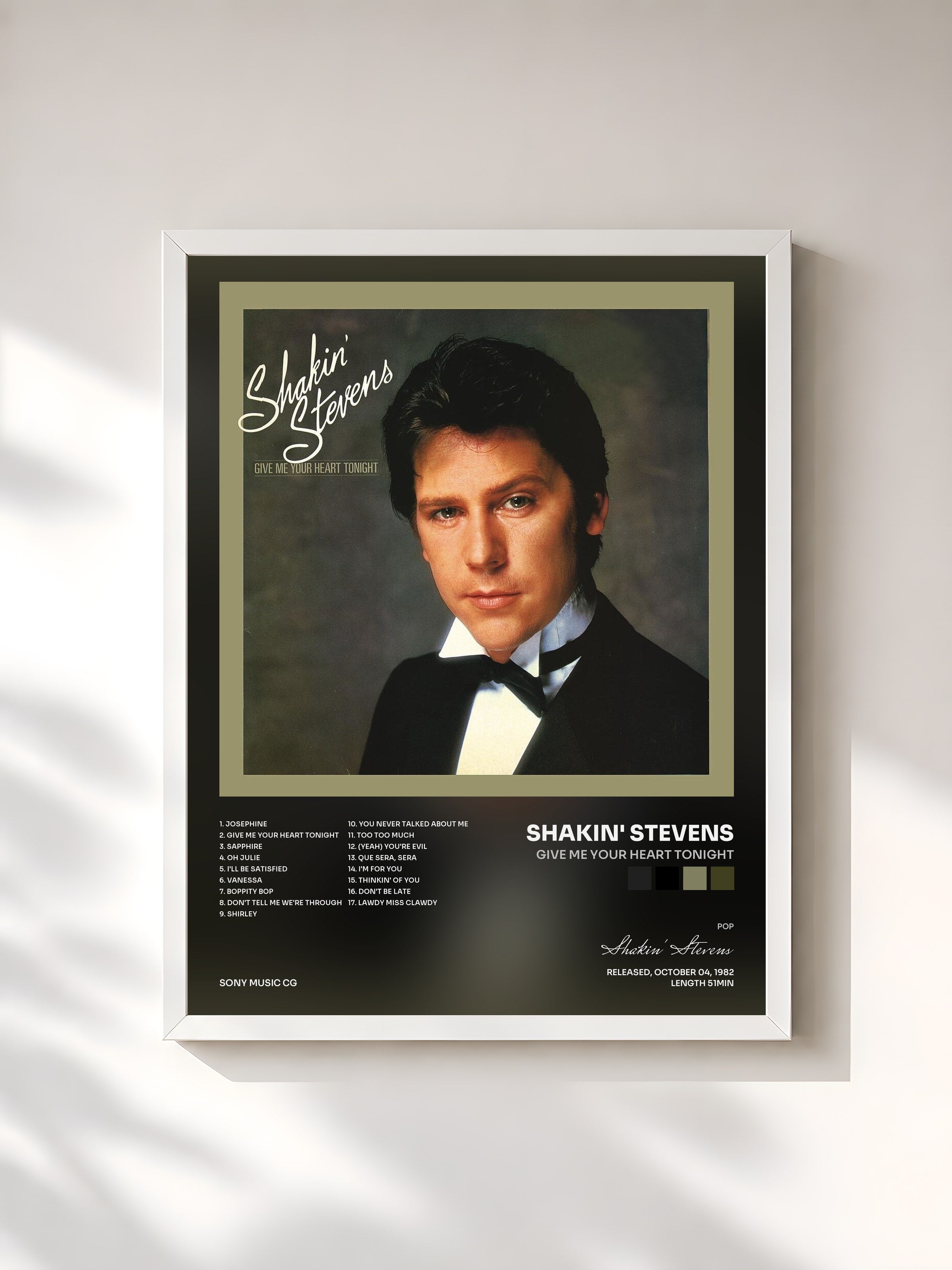 #blanc Tableau de l'album Give Me Your Heart Tonight de Shakin' Stevens, cadre blanc, imprimé et encadré en France