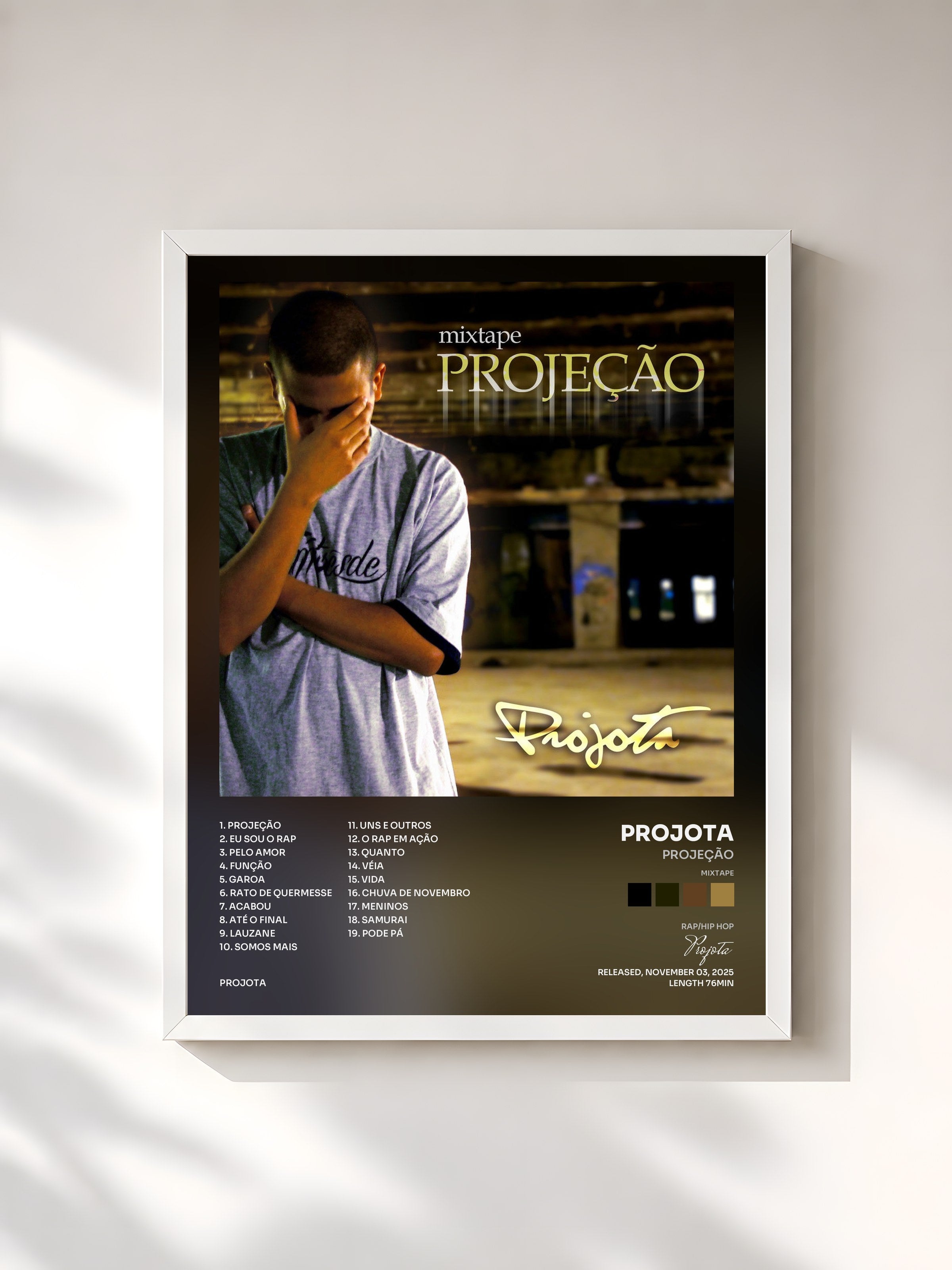 #blanc Tableau de l'album Projeção (Mixtape) de Projota, cadre blanc, imprimé et encadré en France