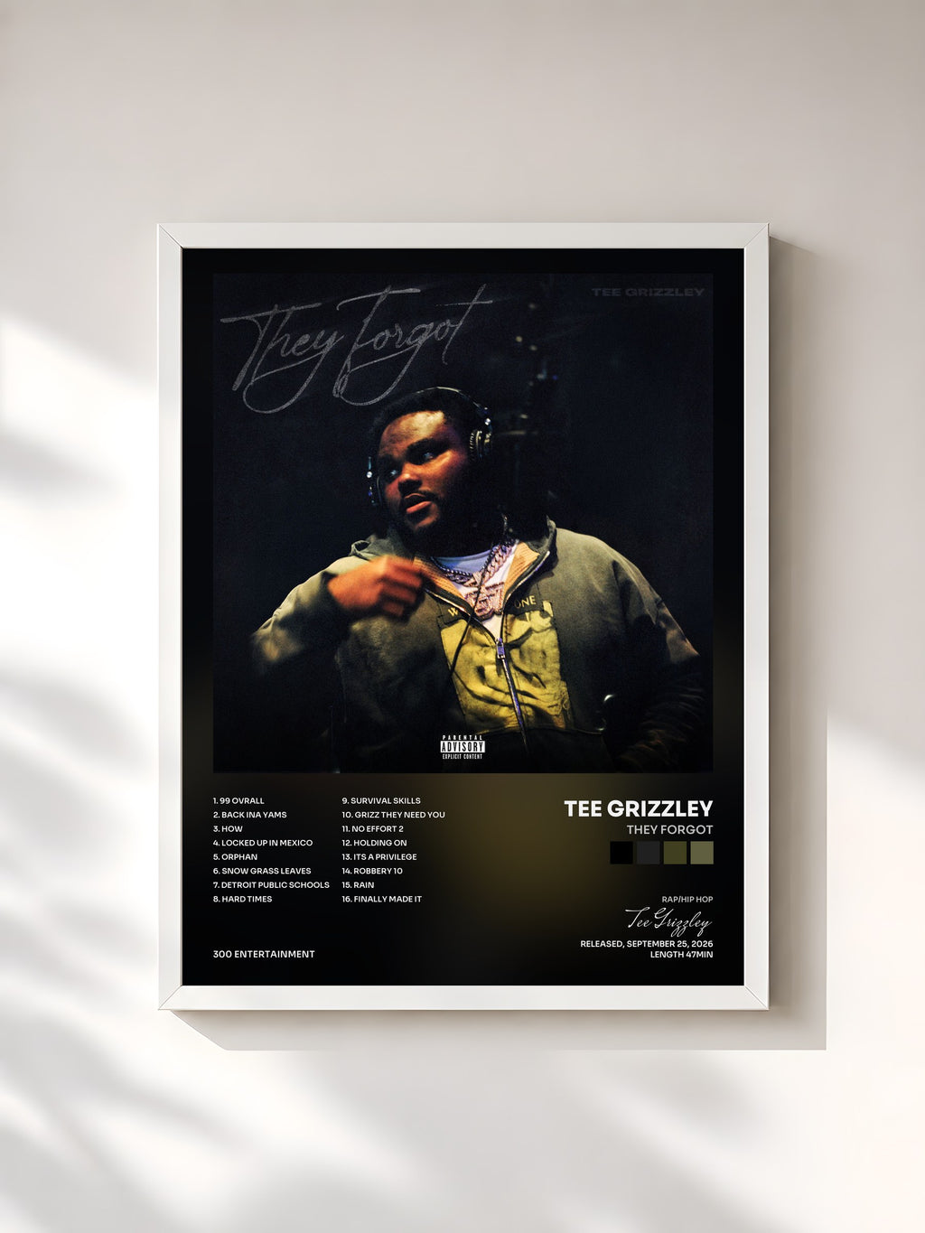 #blanc Tableau de l'album They Forgot de Tee Grizzley, cadre blanc, imprimé et encadré en France