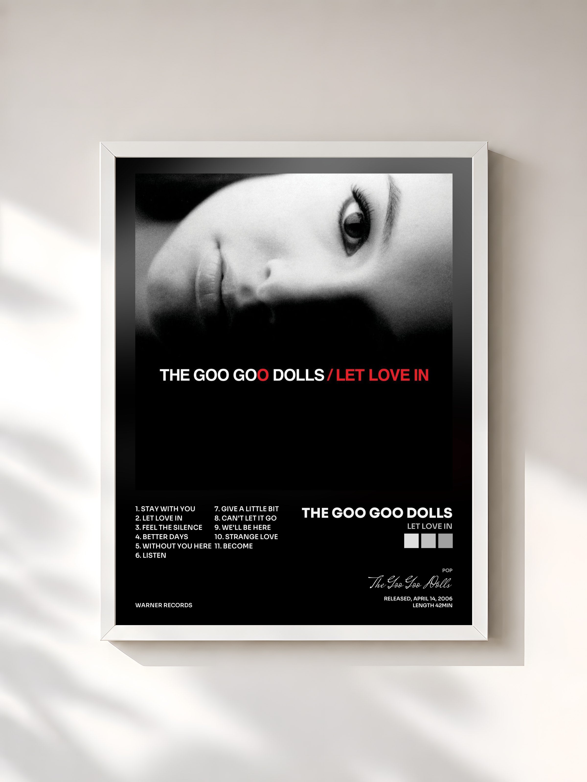 #blanc Tableau de l'album Let Love In de The Goo Goo Dolls, cadre blanc, imprimé et encadré en France