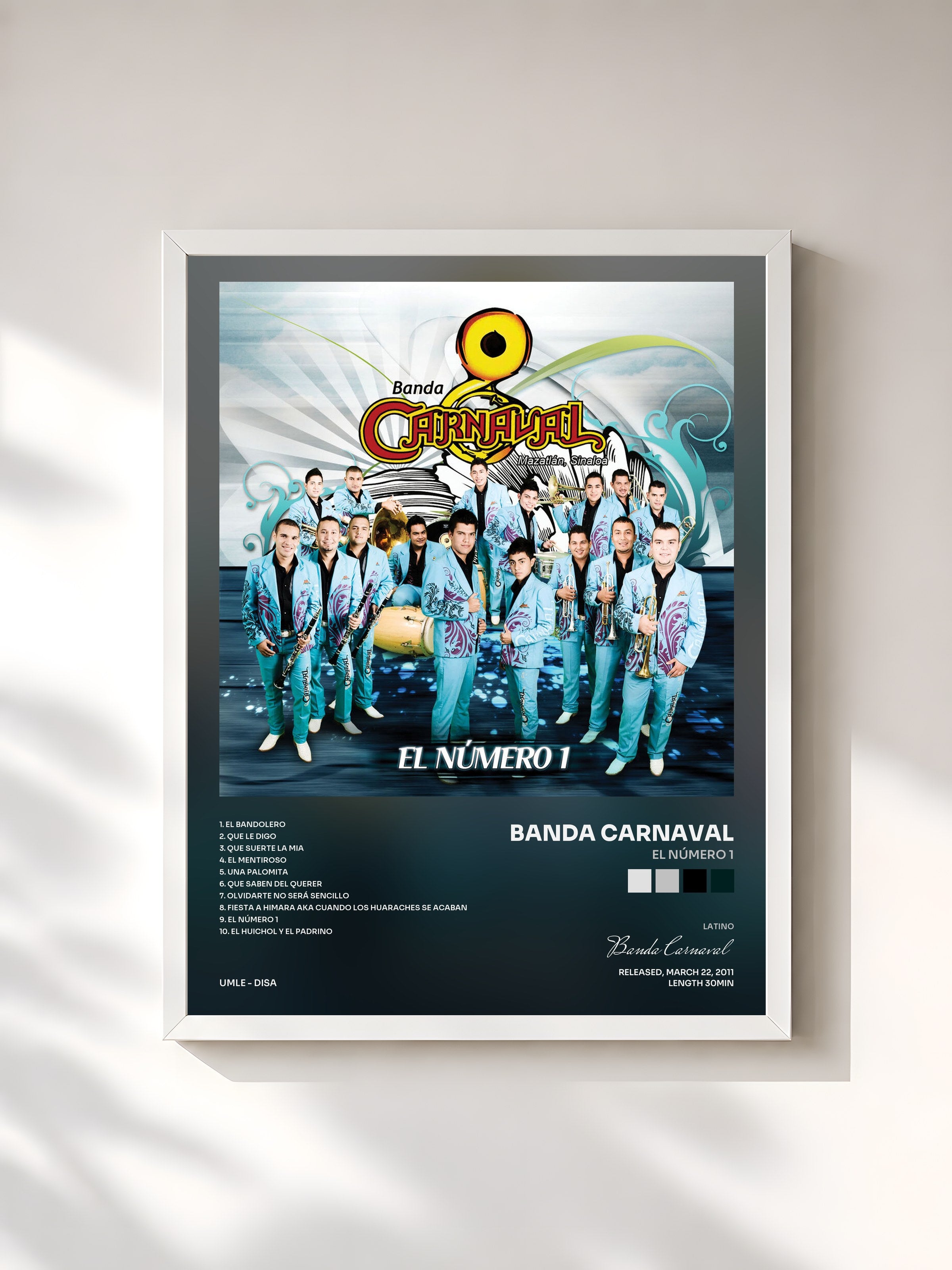 #blanc Tableau de l'album El Número 1 de Banda Carnaval, cadre blanc, imprimé et encadré en France