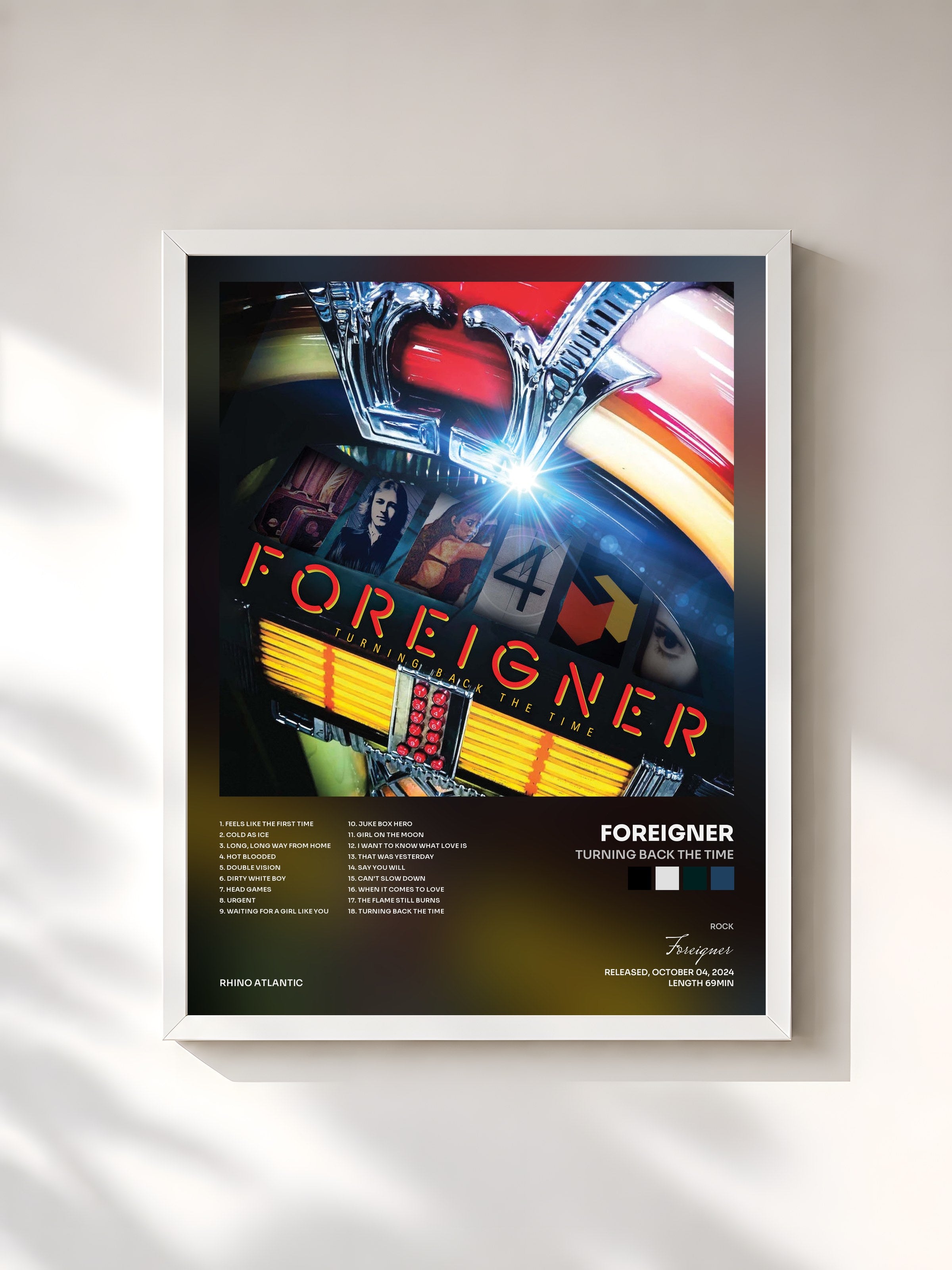 #blanc Tableau de l'album Turning Back the Time de Foreigner, cadre blanc, imprimé et encadré en France