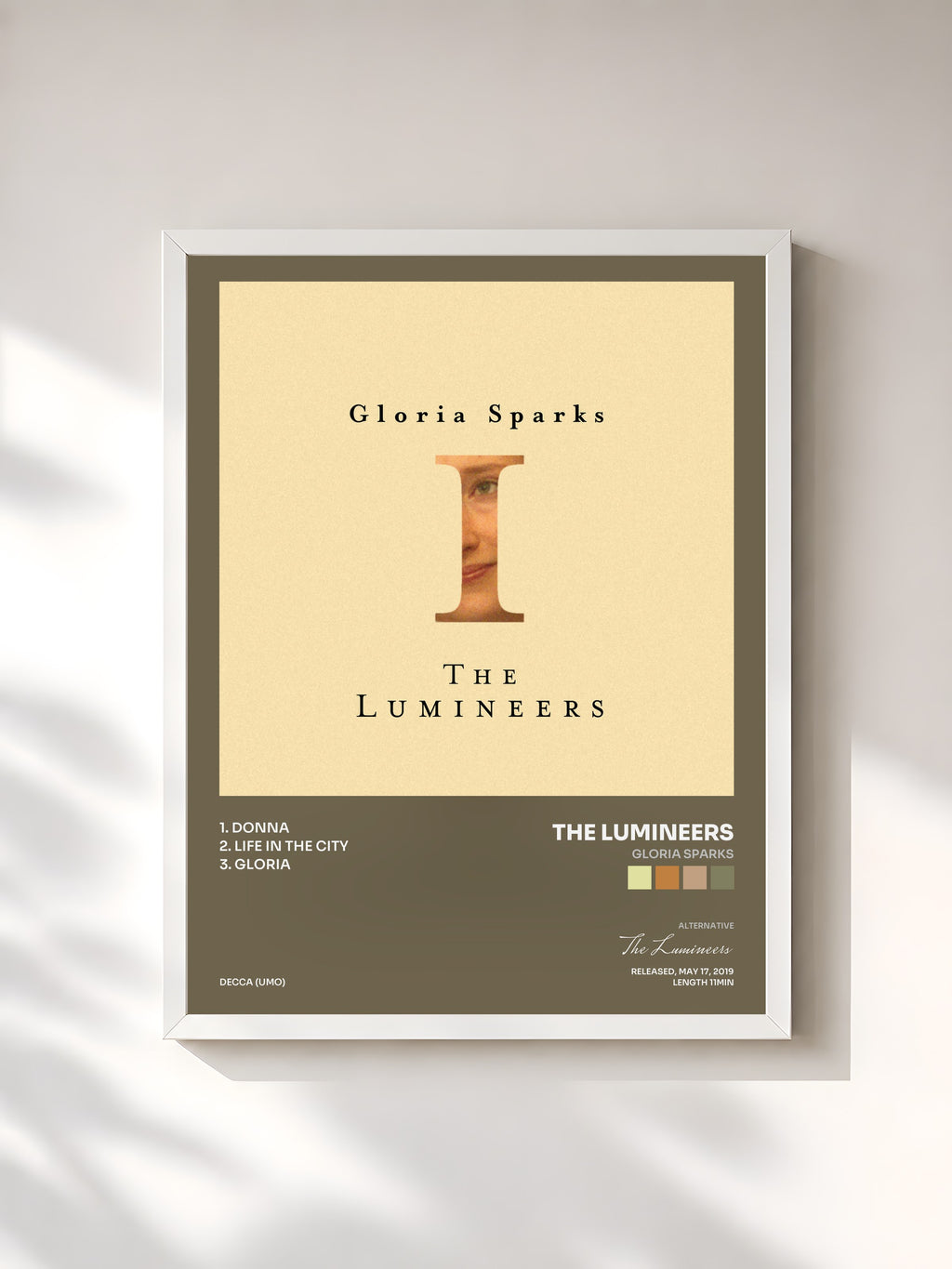 #blanc Tableau de l'album Gloria Sparks de The Lumineers, cadre blanc, imprimé et encadré en France