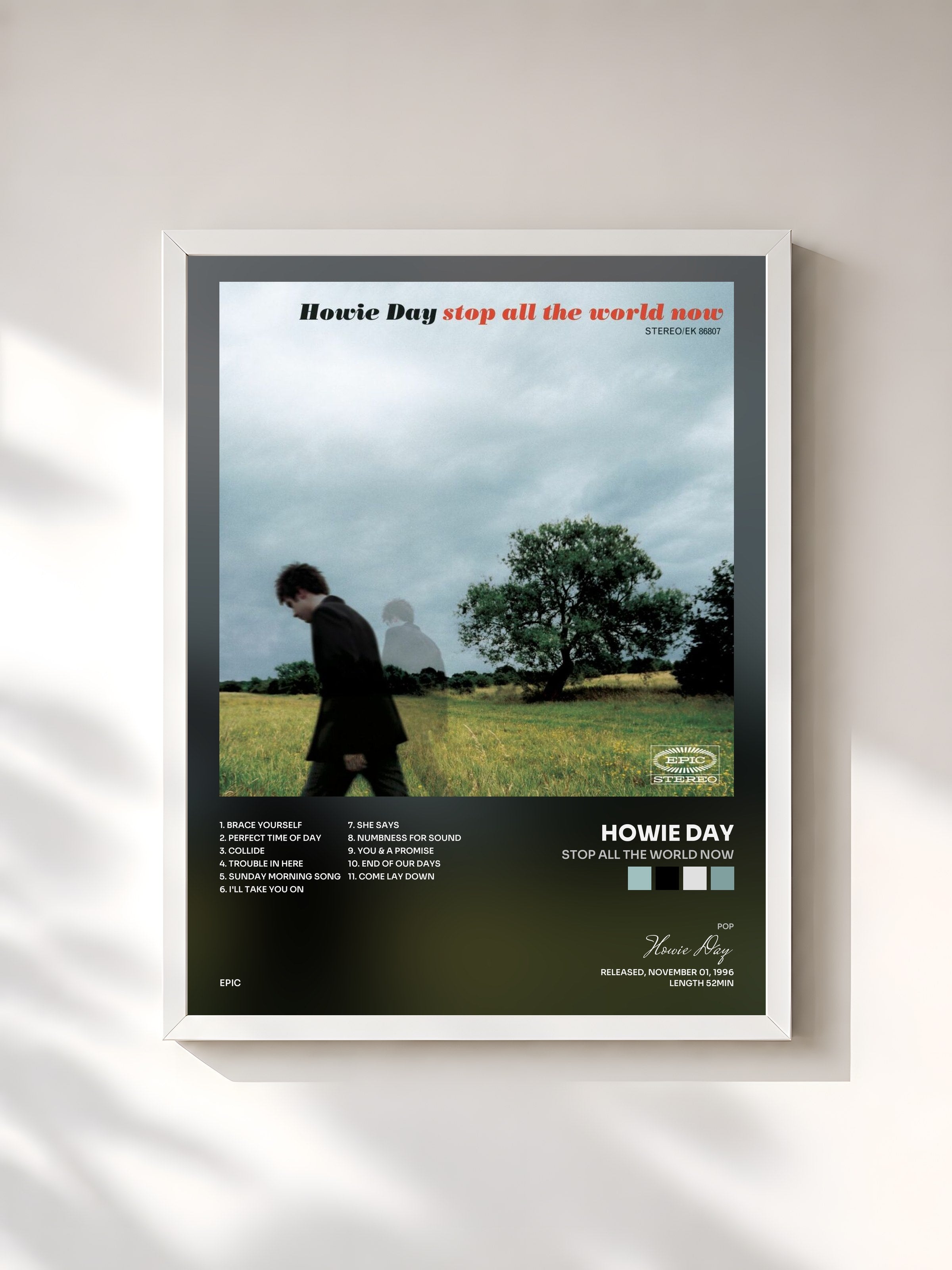 #blanc Tableau de l'album Stop All The World Now de Howie Day, cadre blanc, imprimé et encadré en France