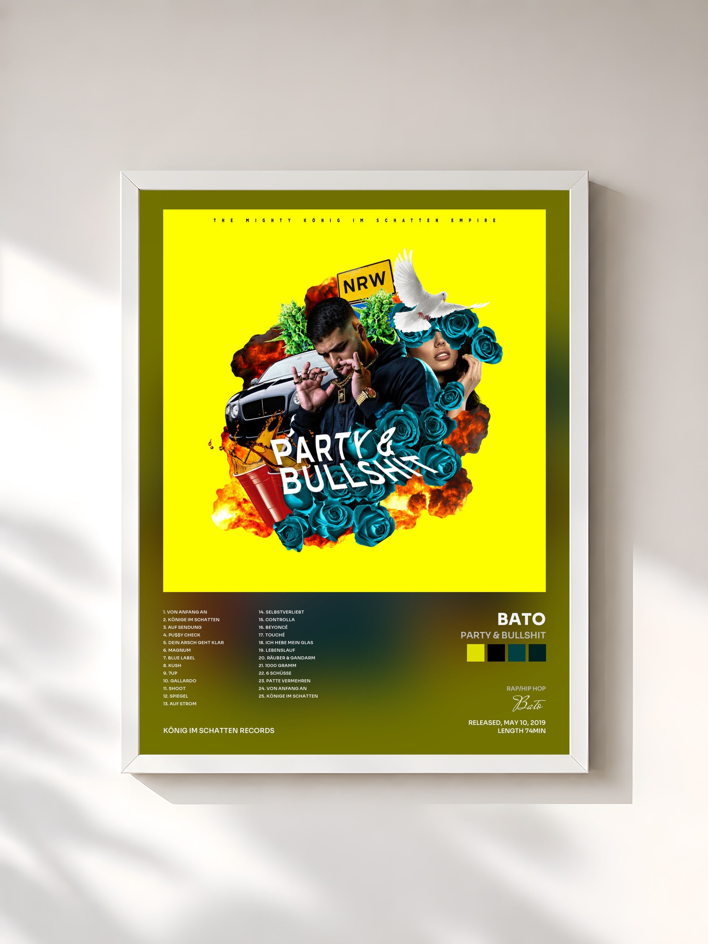 #blanc Tableau de l'album PARTY & BULLSHIT de Bato, cadre blanc, imprimé et encadré en France