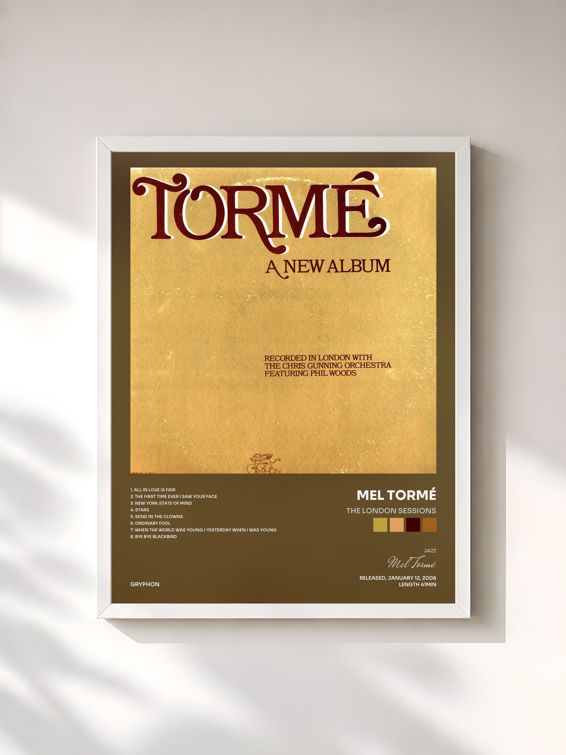 #blanc Tableau de l'album The London Sessions de Mel Tormé, cadre blanc, imprimé et encadré en France