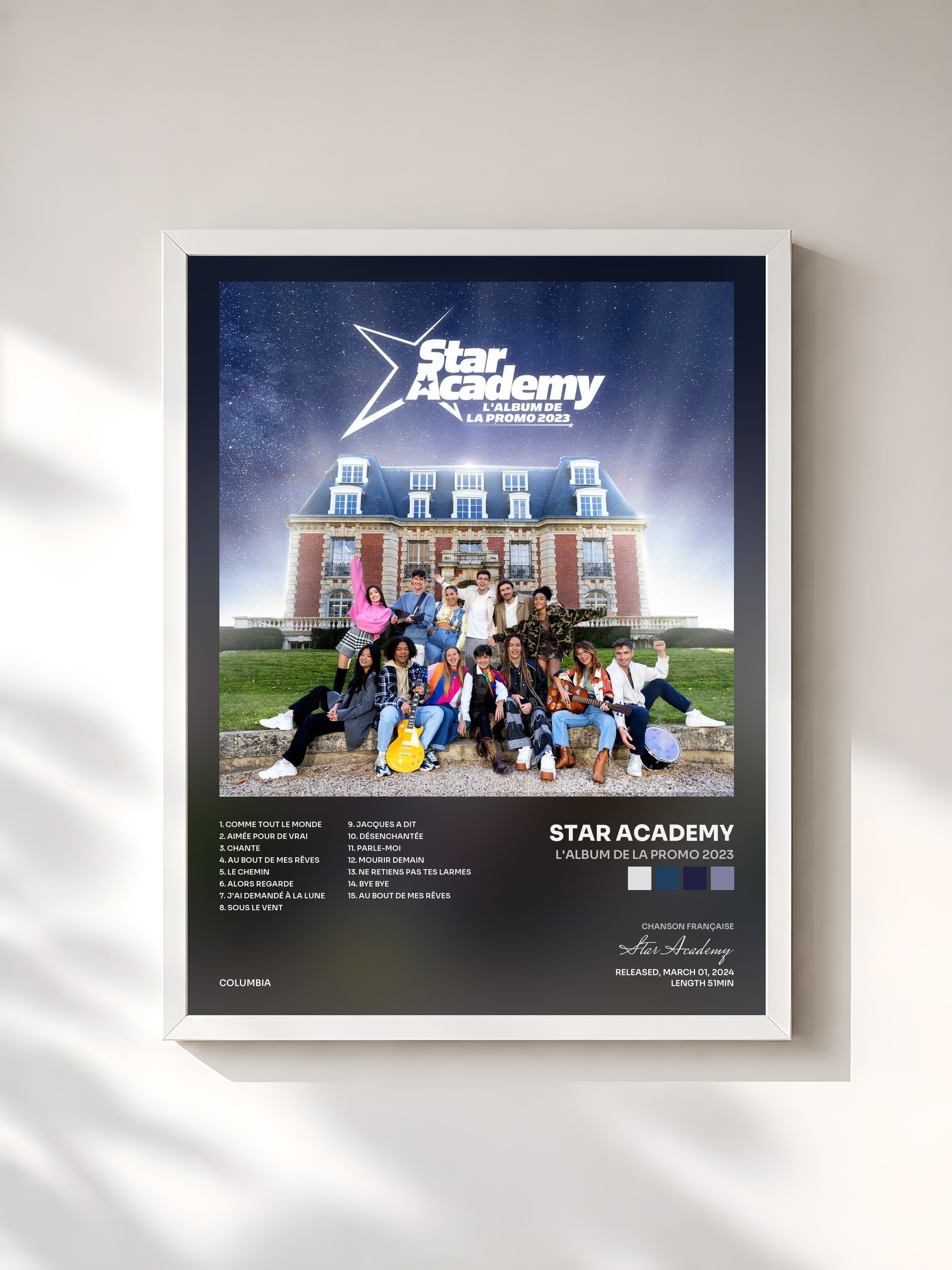 #blanc Tableau de l'album L'album de la promo 2023 de Star Academy, cadre blanc, imprimé et encadré en France