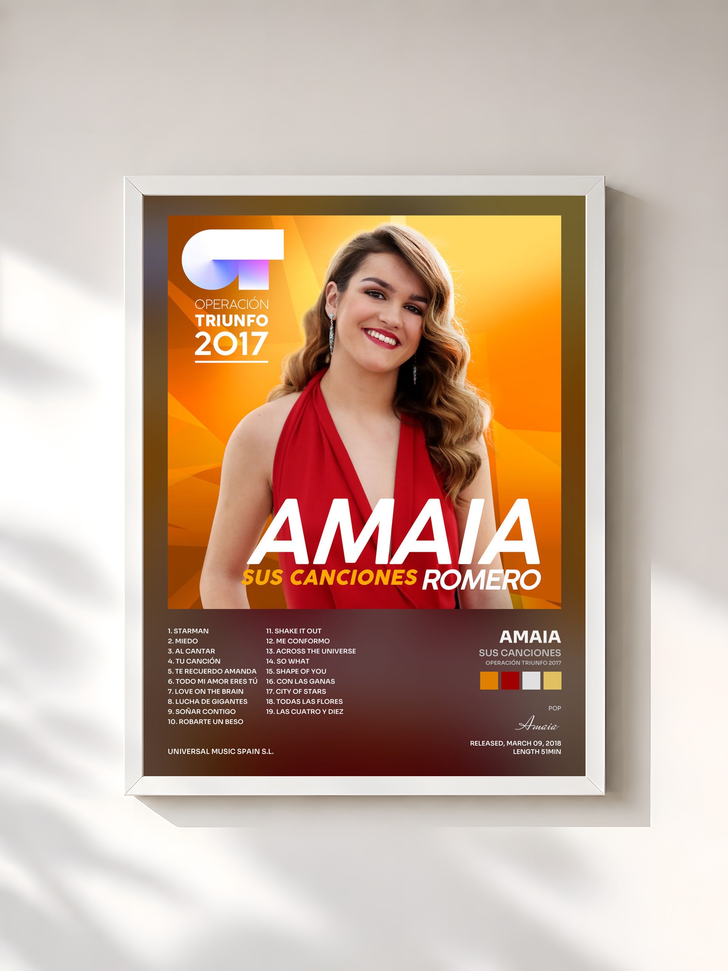 #blanc Tableau de l'album Sus Canciones (Operación Triunfo 2017) de Amaia, cadre blanc, imprimé et encadré en France